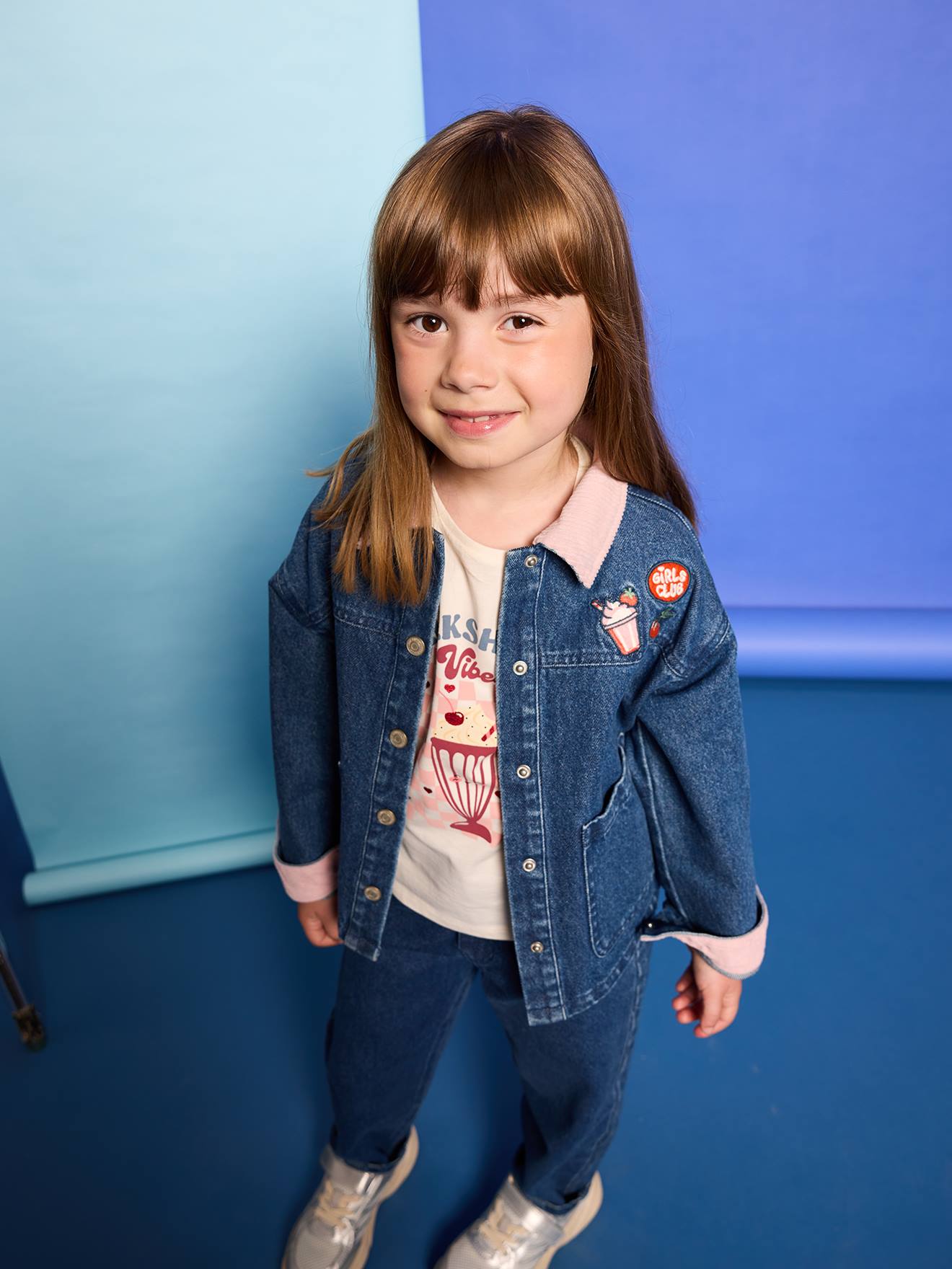 Denim meisjesjas met ribkraag middenblauw