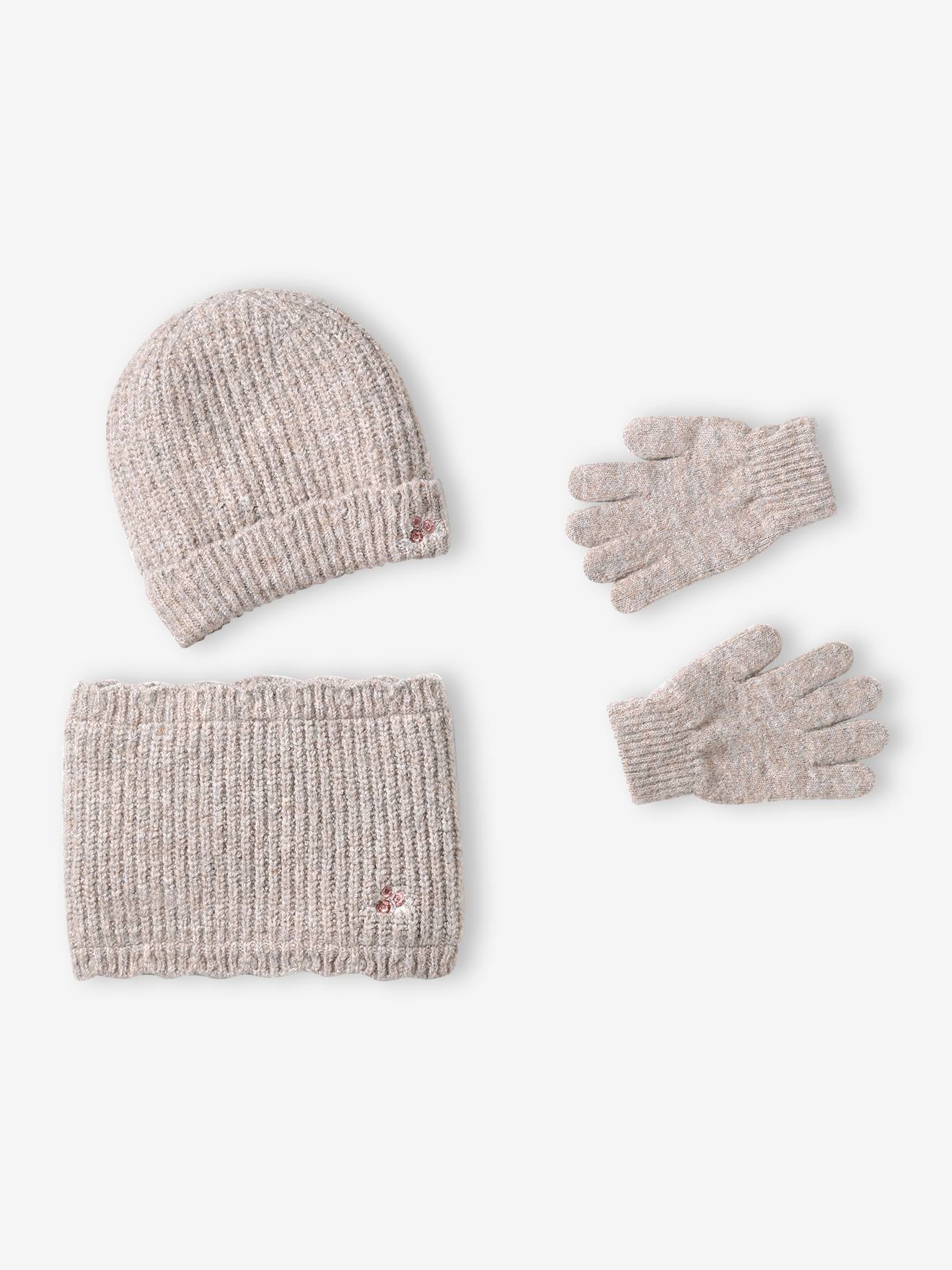 Gebreide meisjesset muts, colsjaal en handschoenen beige