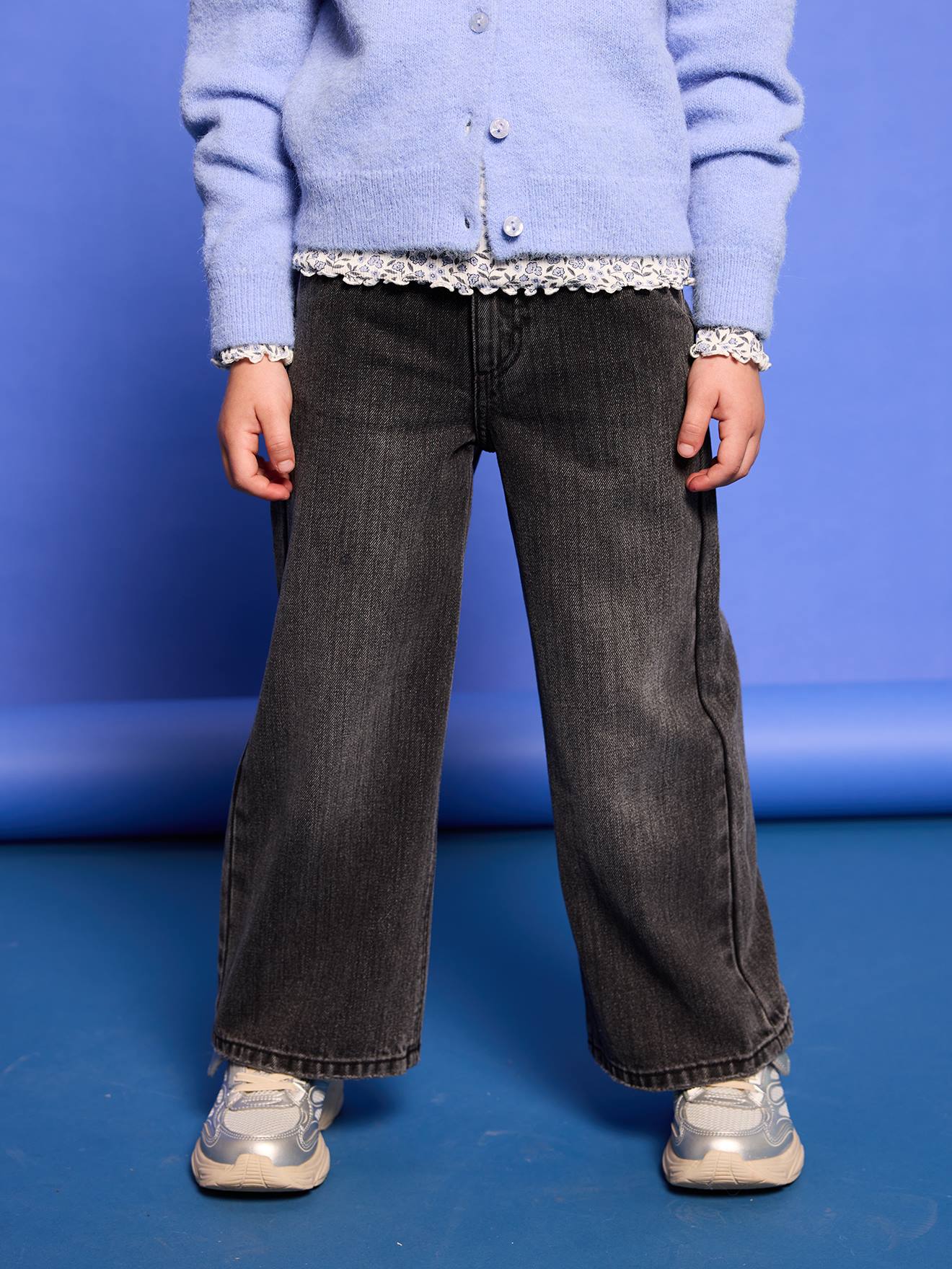 Wijde meisjesjeans medium lichaamsbouw denimgrijs