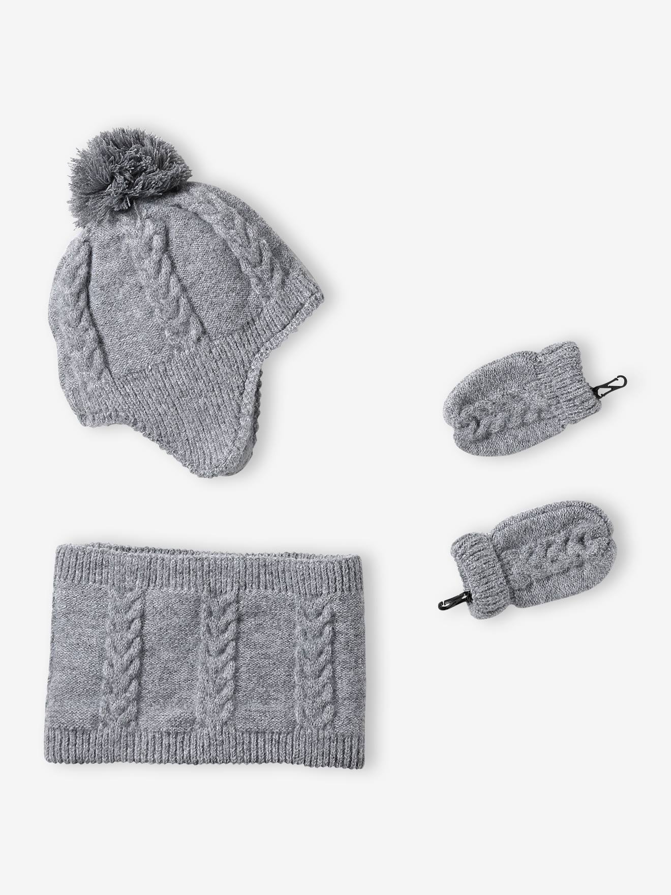 3-delige babyset muts, colsjaal, wanten gemêleerd grijs