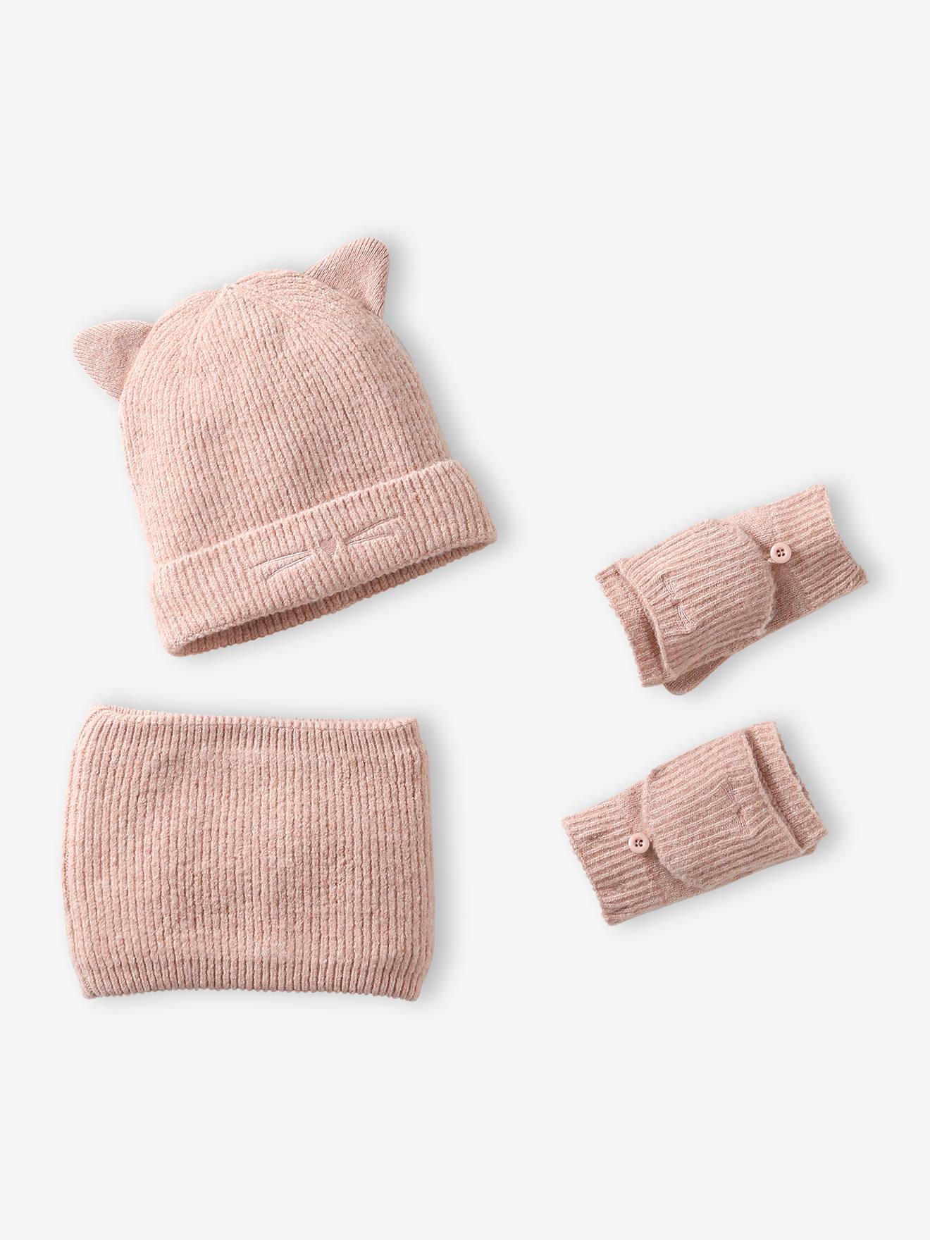 Meisjesset muts, colsjaal en wanten beige (poederkleur)