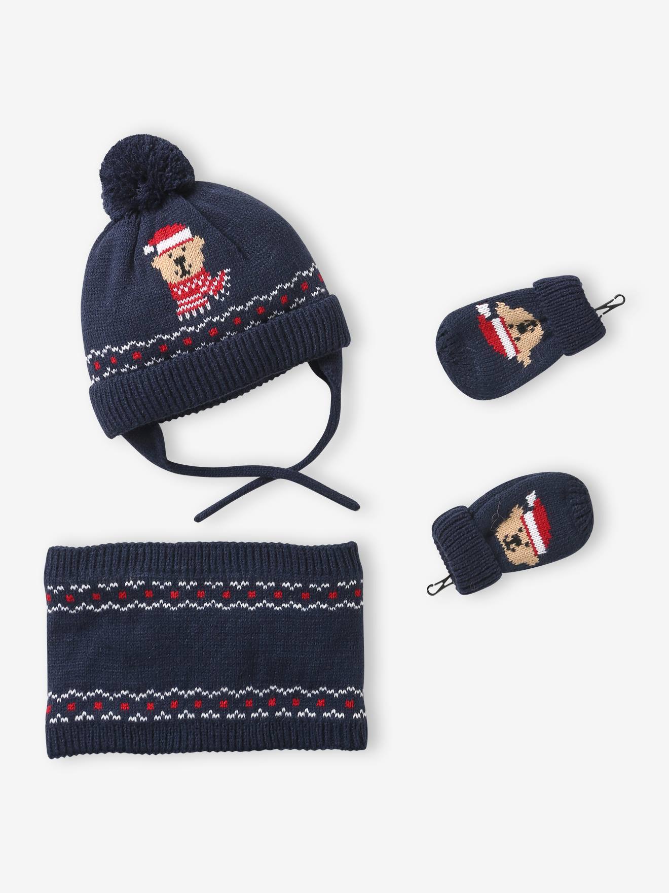 3-delige babyset muts, col en wanten marineblauw