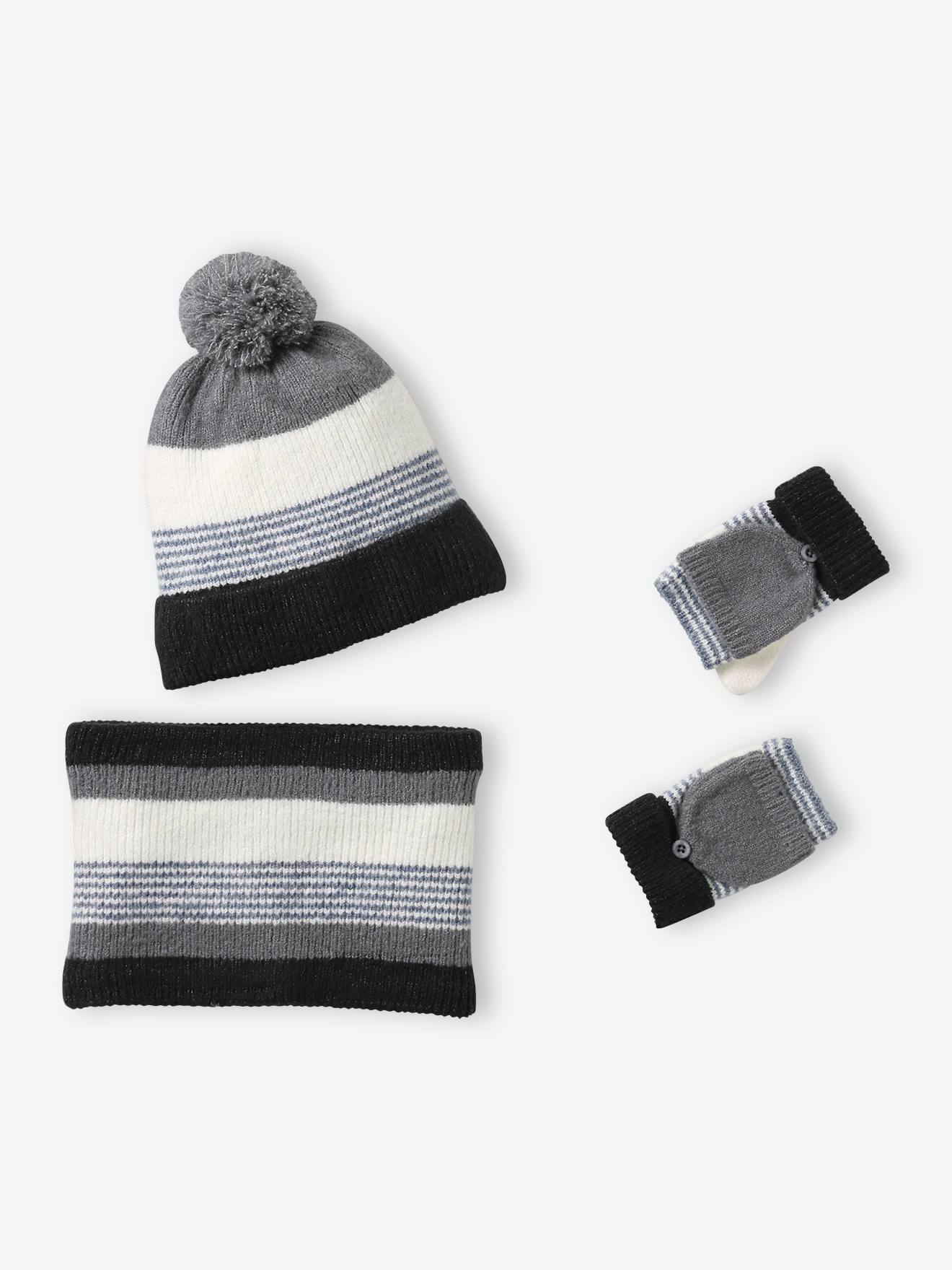Gestreepte set van muts + snood + handschoenen voor jongens grijs