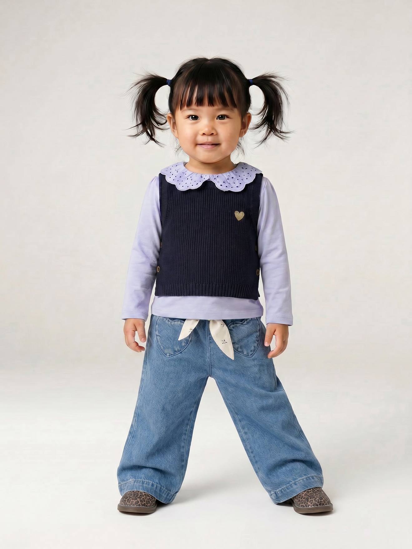 Wijde babyjeans met knoopriem stone