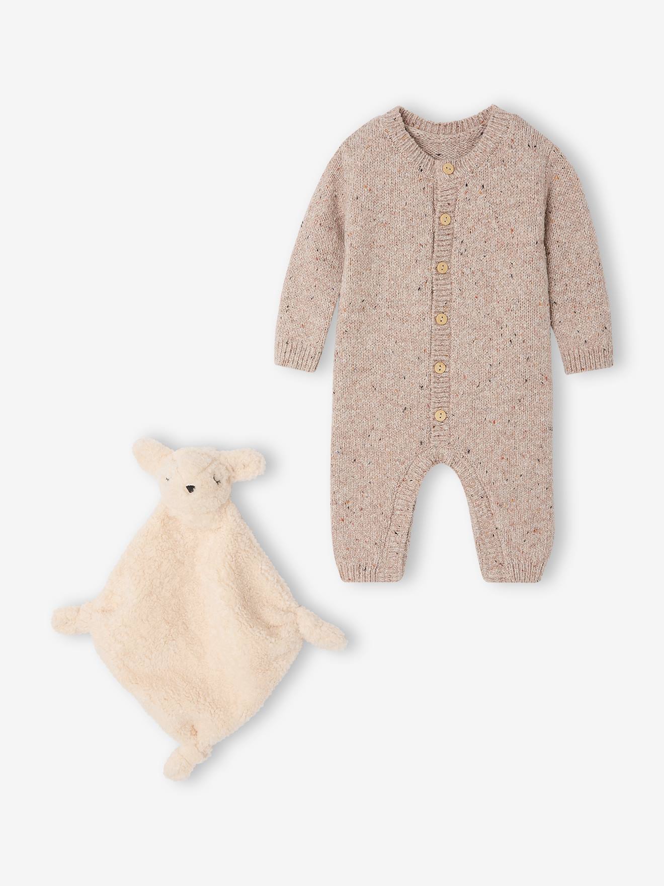 Set gebreide boxpak en knuffeldoek gemêleerd beige