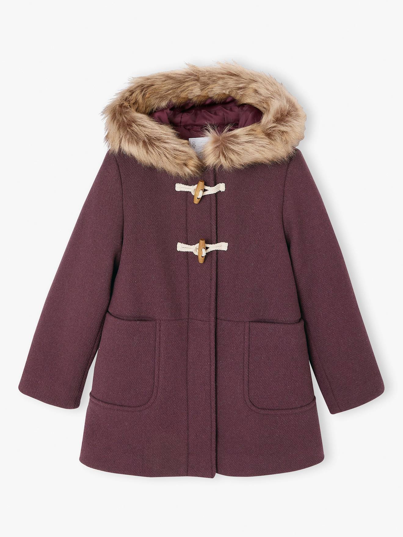Duffel met capuchon van wol met houtje-touwtjeknopen pruim