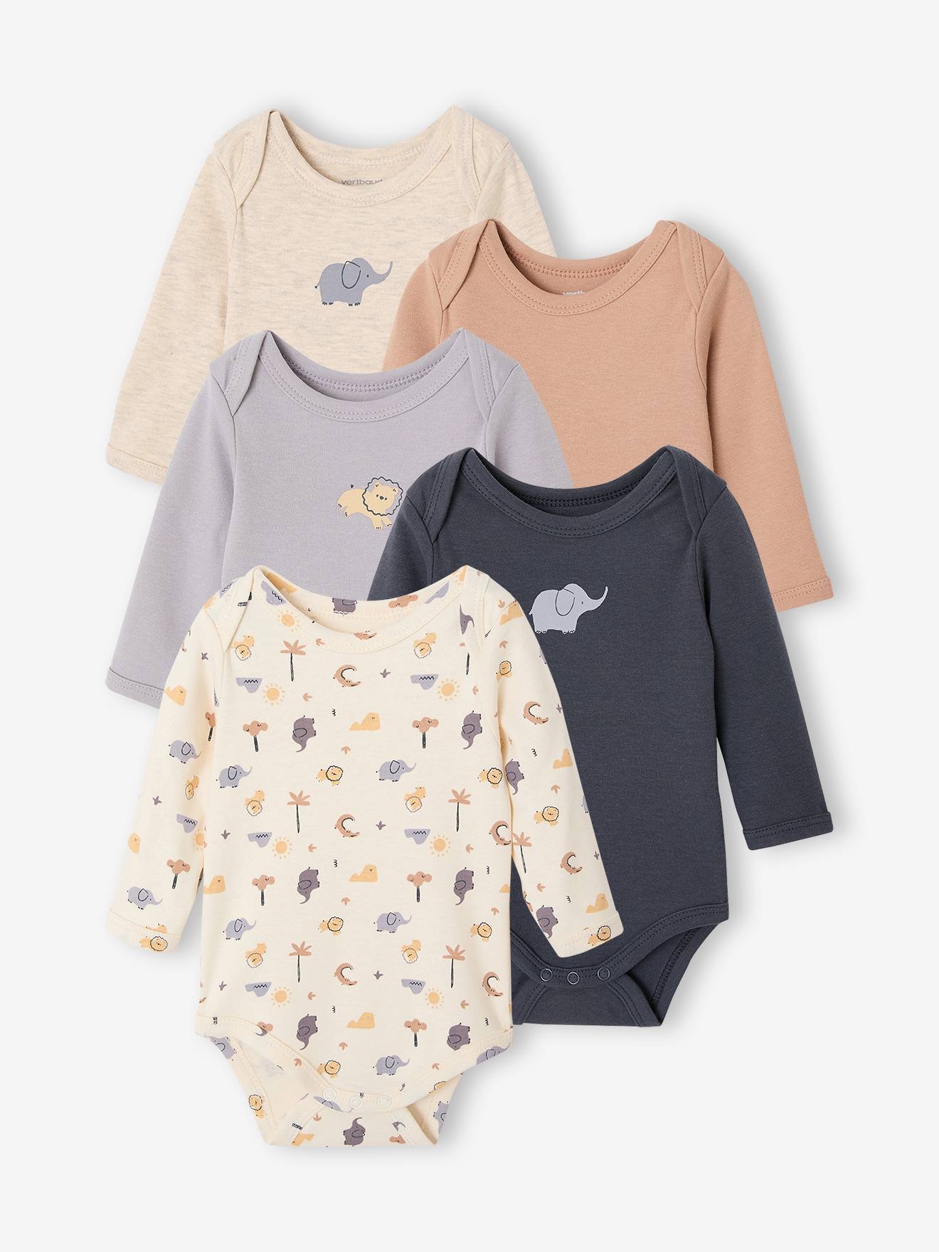 Set van 5 babyjongensrompers met lange mouwen cappuccino