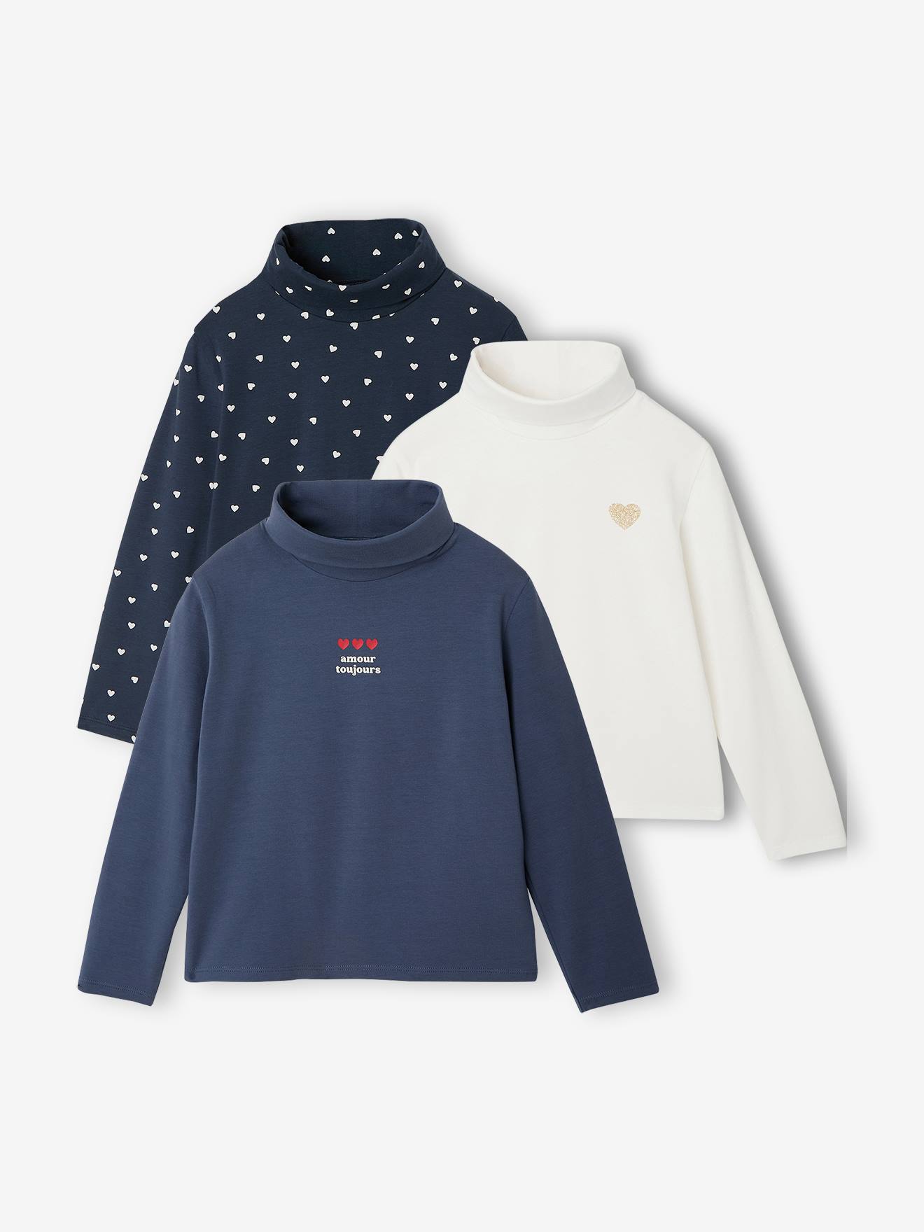 Set van 3 t-shirts met rolkraag voor meisjes inktblauw