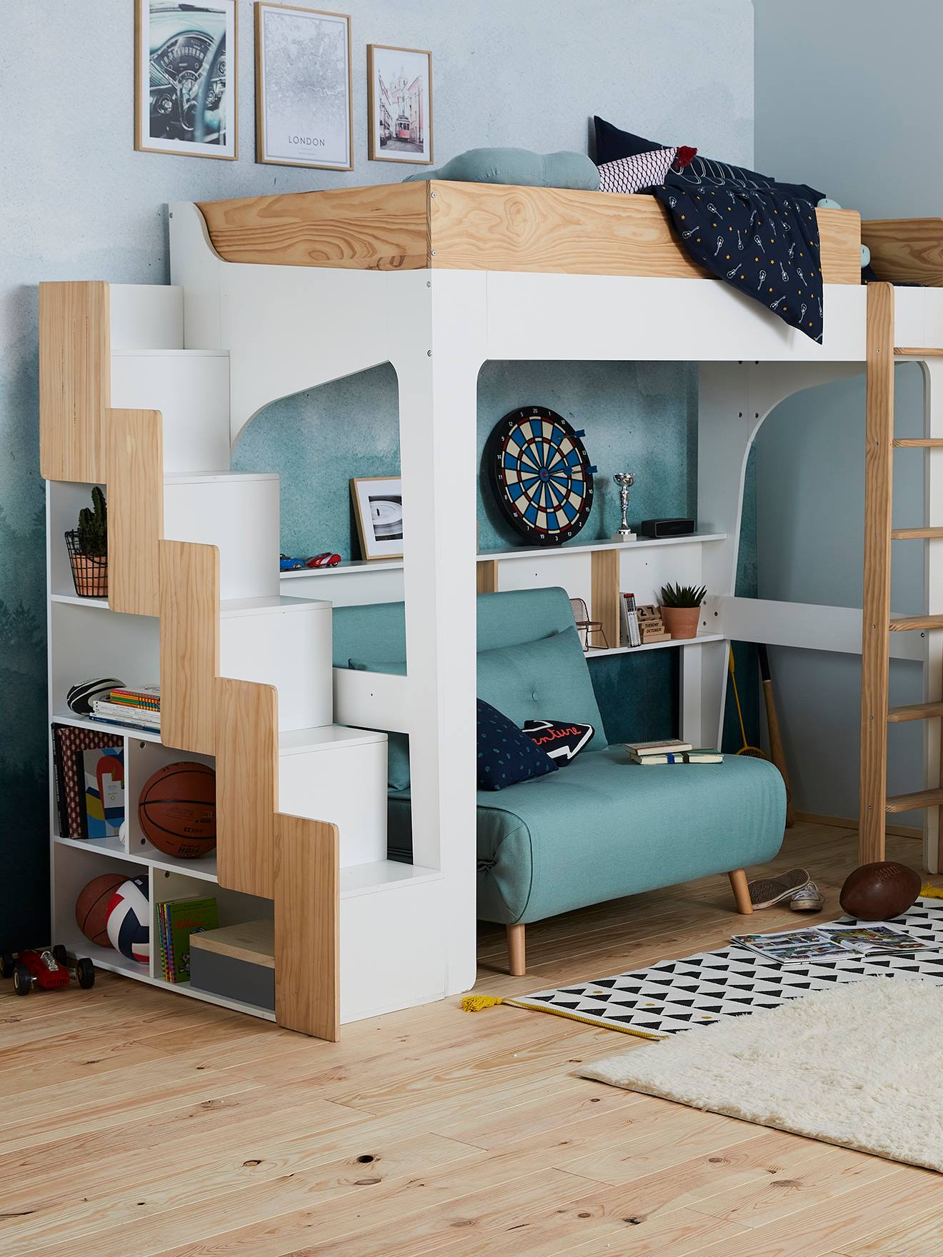 Trap met opbergruimte voor een ontwikkelingscombinatie kind POLYBED wit/hout