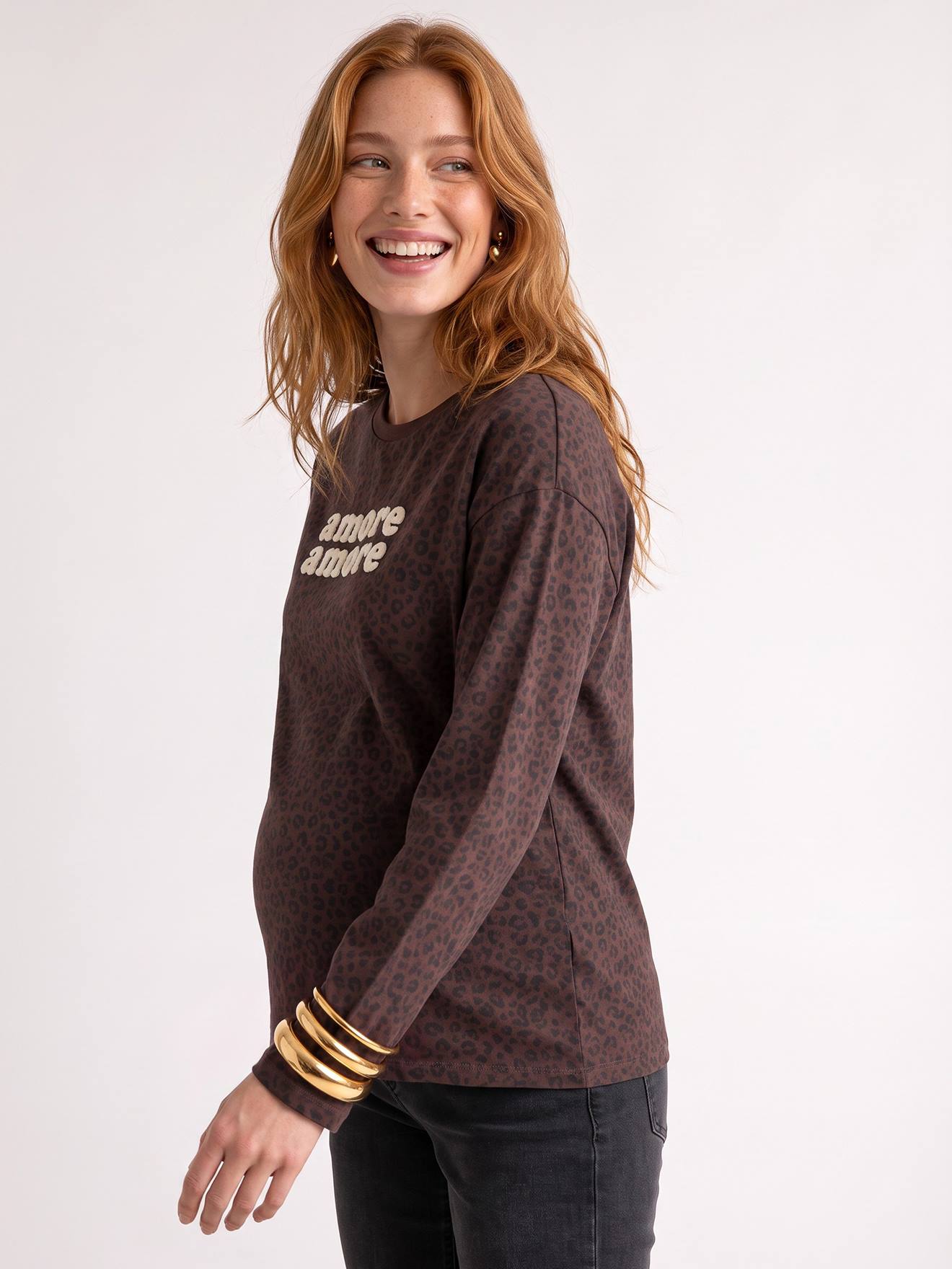 Zwangerschapsshirt met lange mouwen chocoladebruin