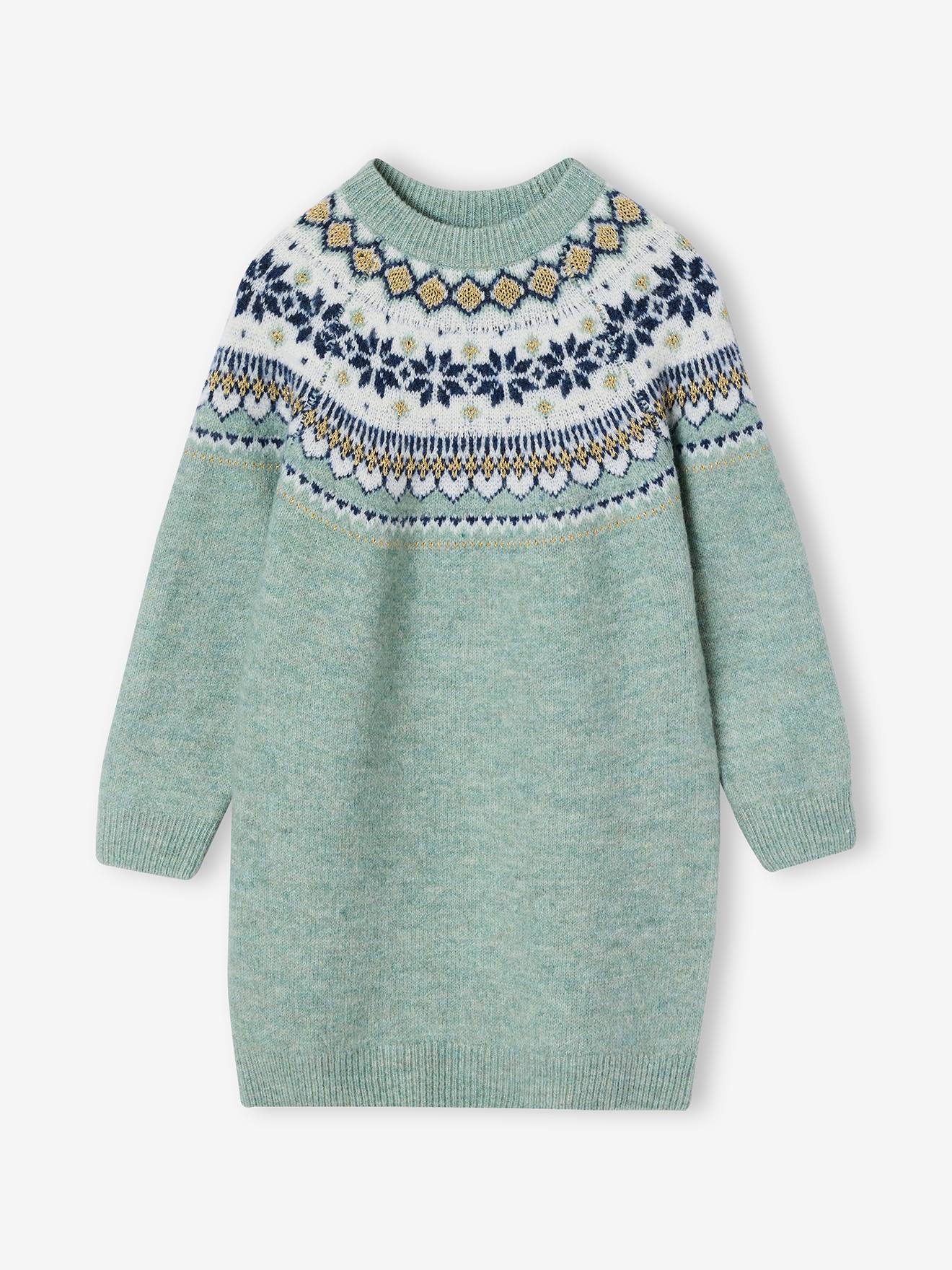 Jacquard jurk met lange mouwen saliegroen