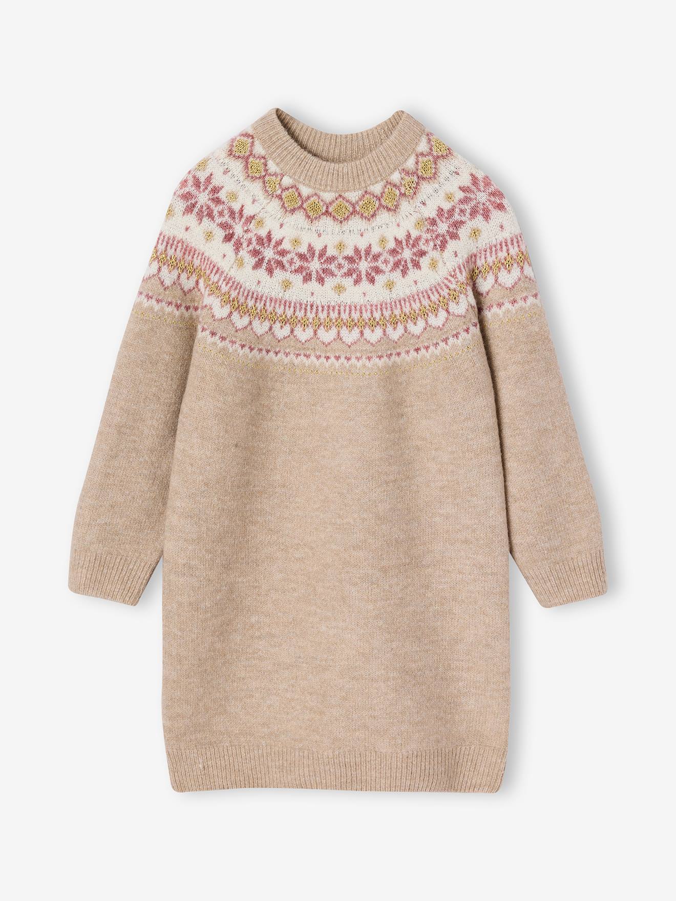 Jacquard jurk met lange mouwen kameel