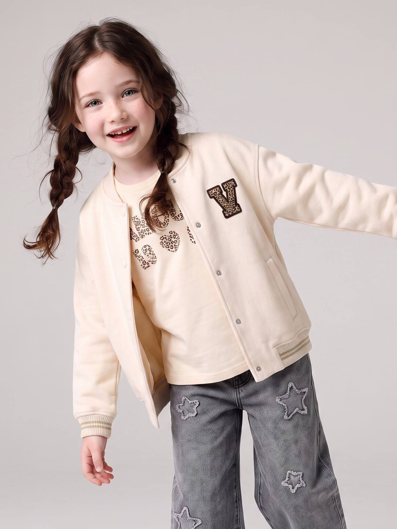Sweater in bomberlook voor meisjes van fleece beige