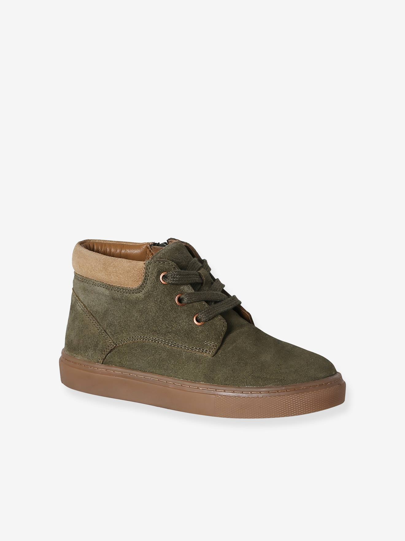 Hoge leren sneakers met veters voor jongens kaki