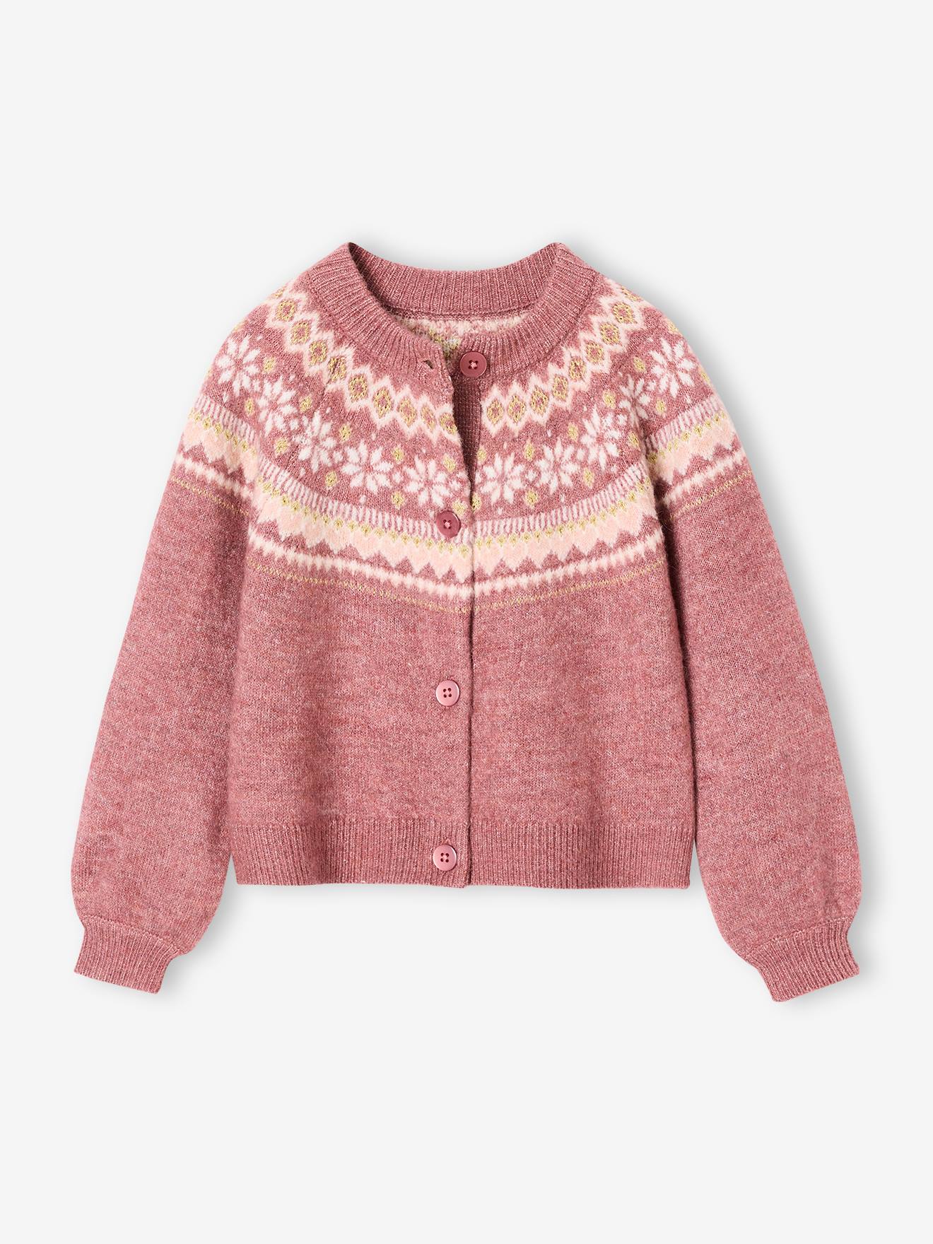 Jacquard meisjesvest met fantasiebreiwerk van glimmende draad zachtpaars