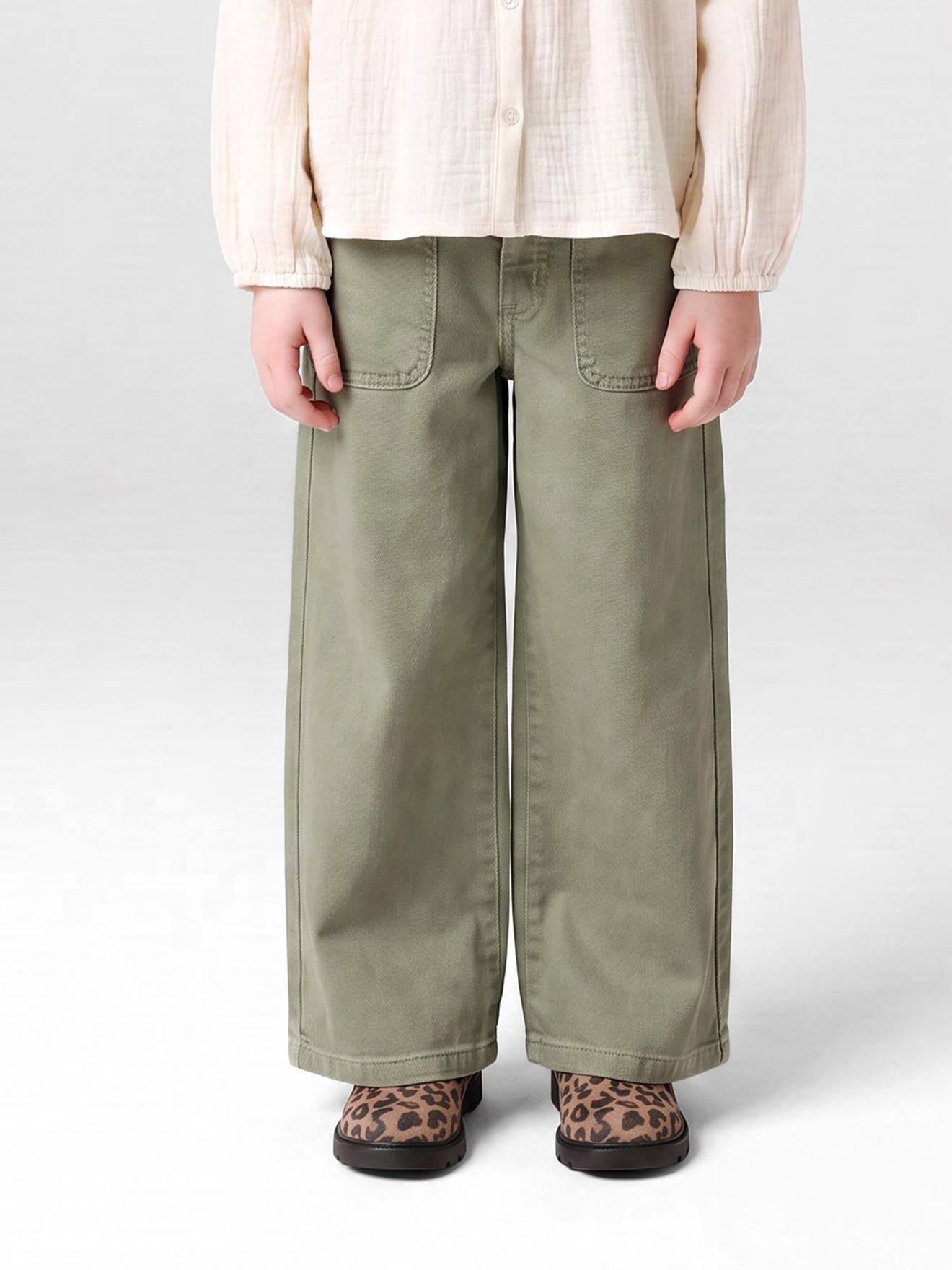 Wijde broek voor meisjes small Morpho groengrijs