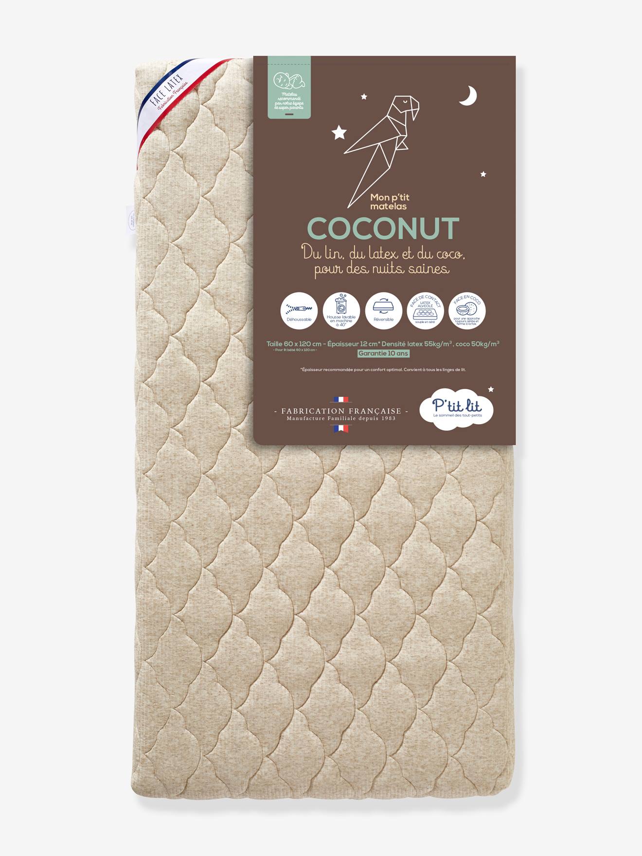 Mijn kleine Coco Nut matras met afneembare hoes 60x120 cm P'TIT LIT wit