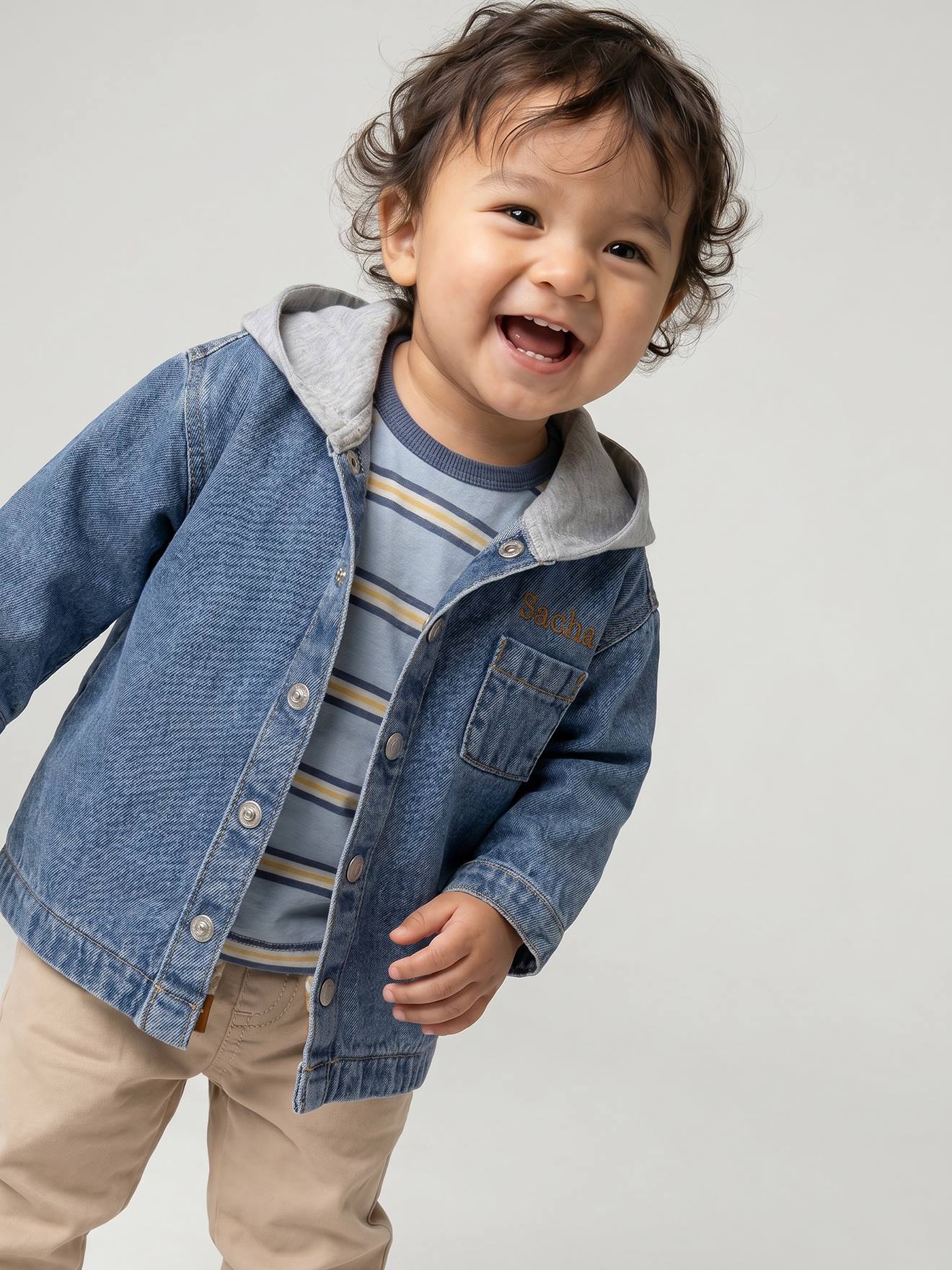 Personaliseerbaar denim hemd voor baby's met capuchon stone