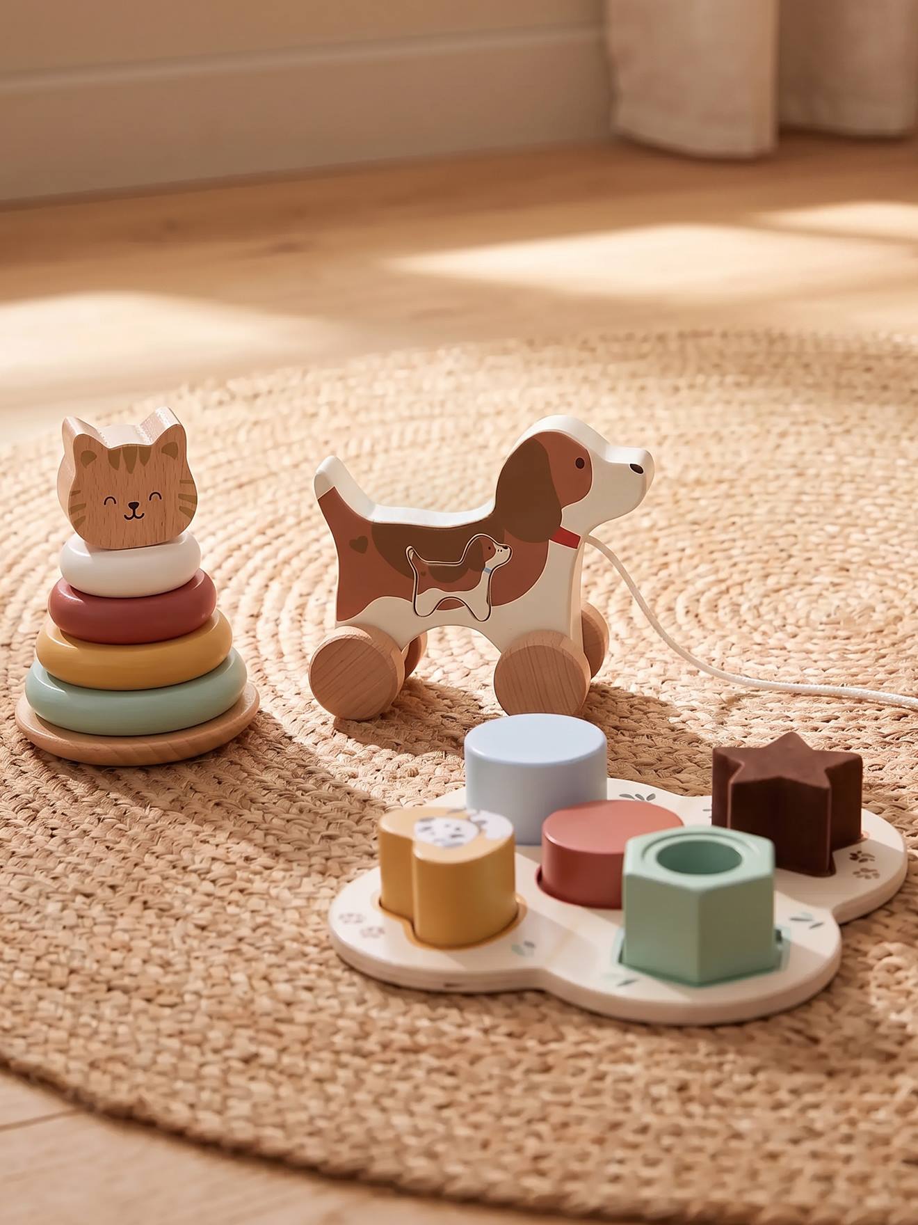 FSC® houten speelset met 3 speeltjes karamel