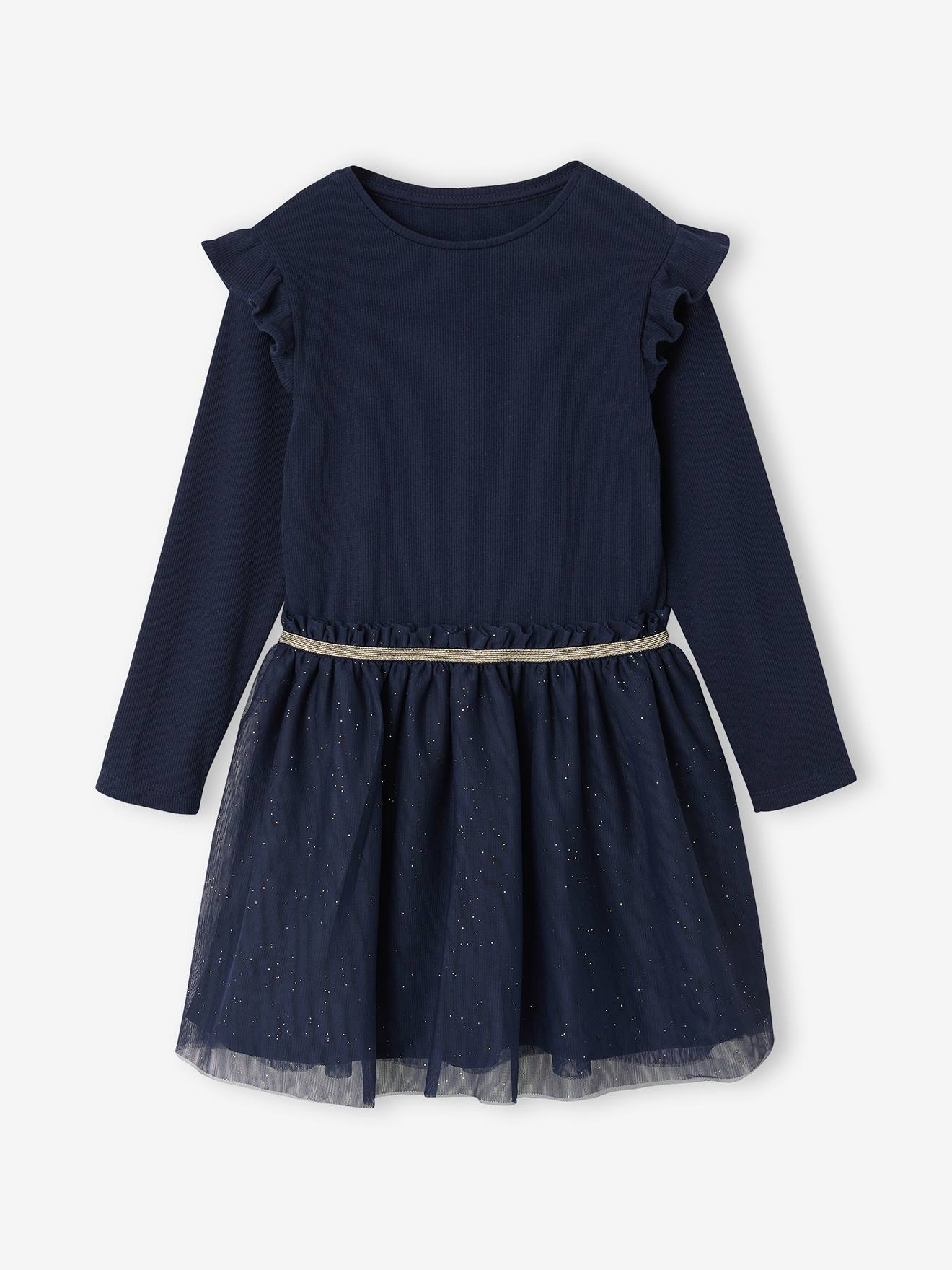 Kerstjurk van twee soorten materiaal met tule rokje voor meisjes marineblauw