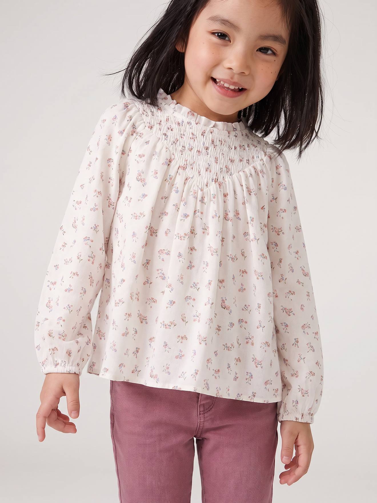 Blouse voor meisjes met gesmokte mouwen vanille