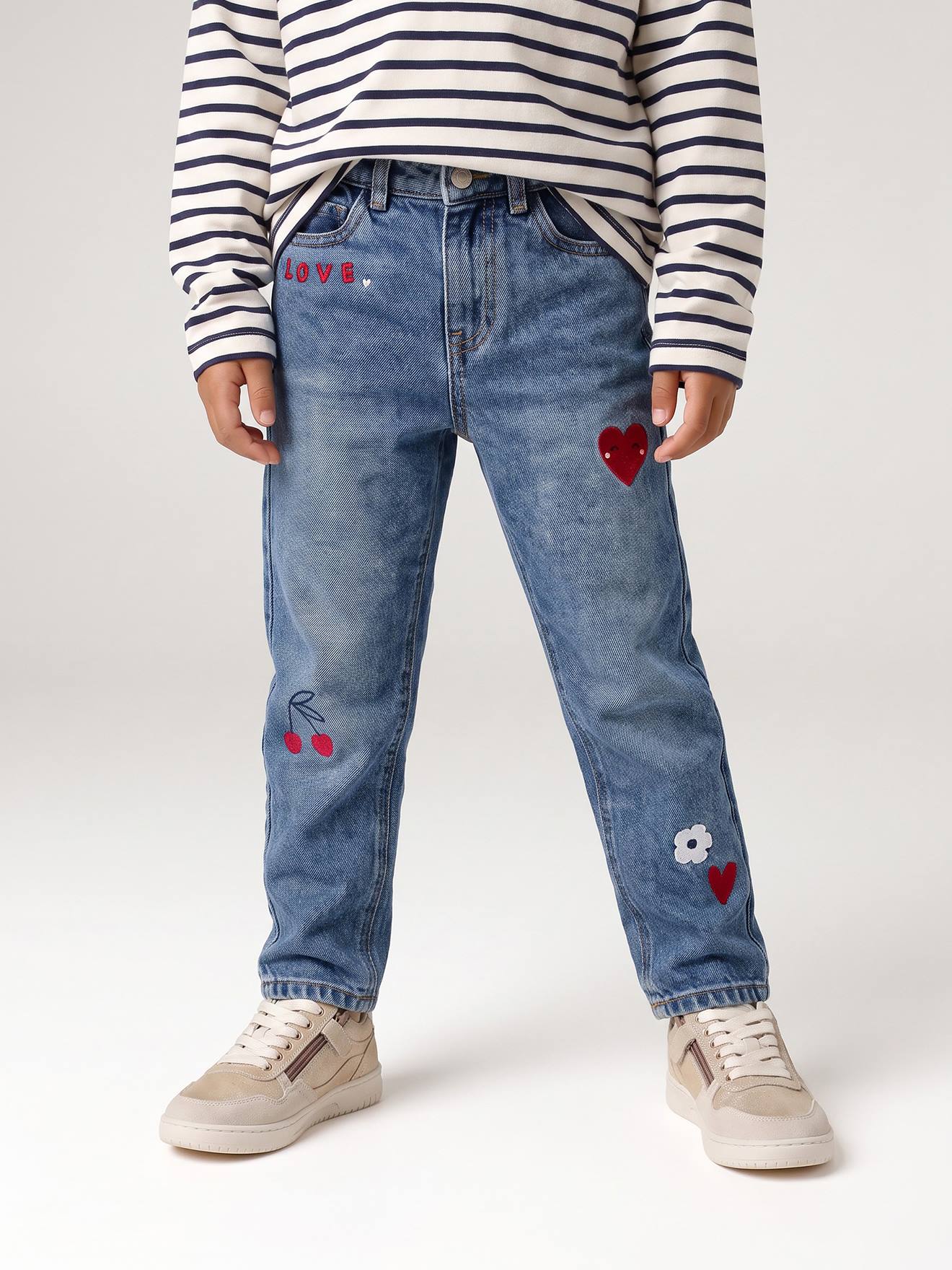 Mom meisjesjeans met bloemenborduurwerk middenblauw