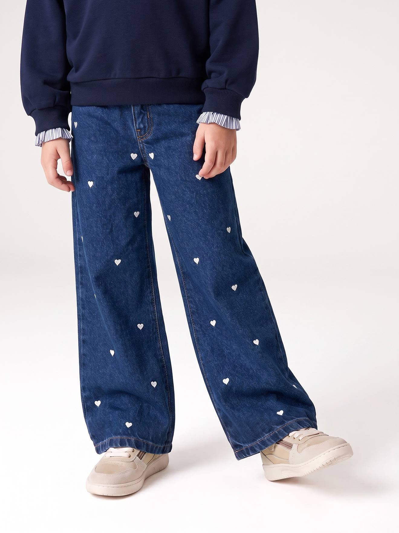Wijde jeans voor meisjes Susan geborduurd donkerblauw