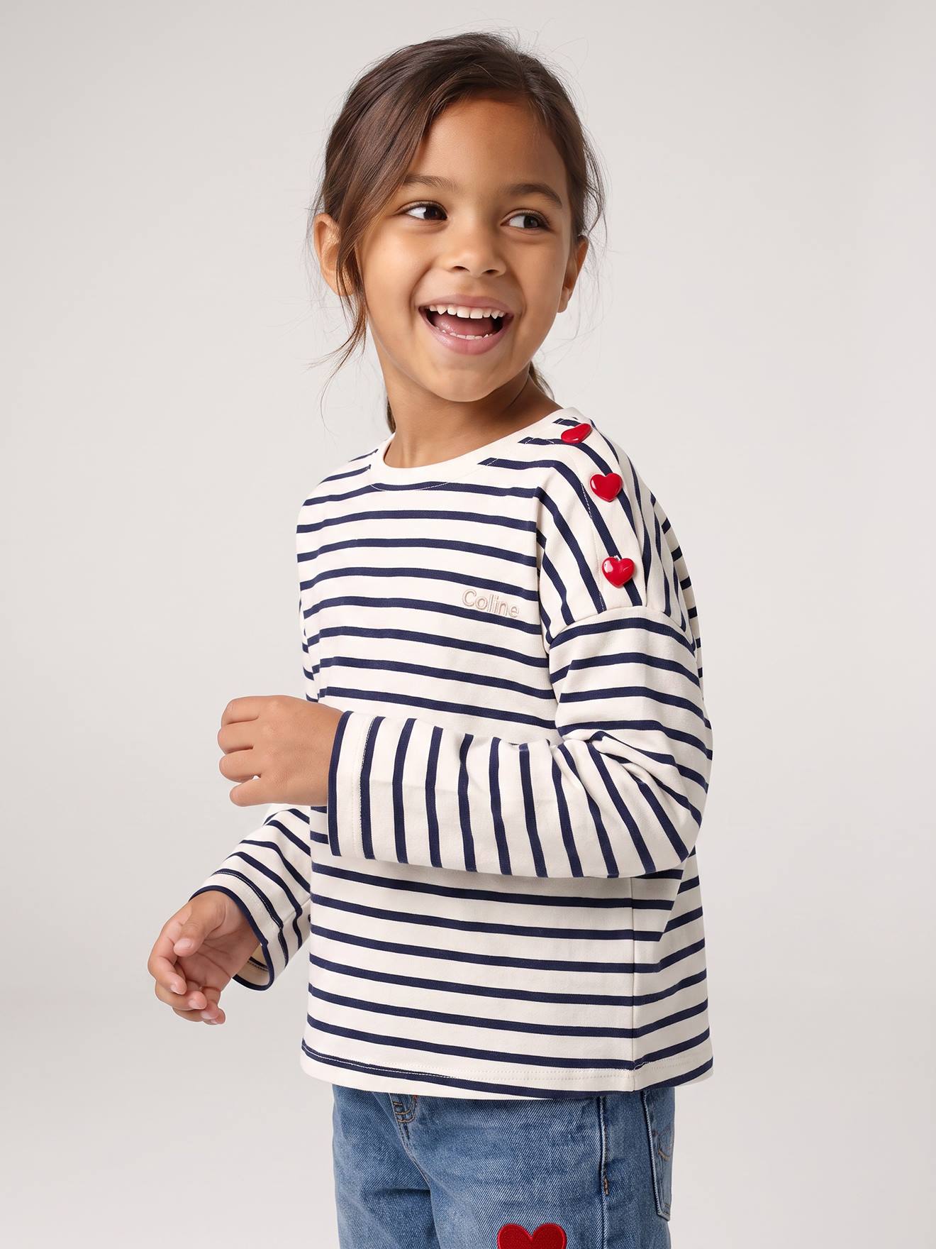 Meisjesshirt met strepen en lange mouwen marineblauw