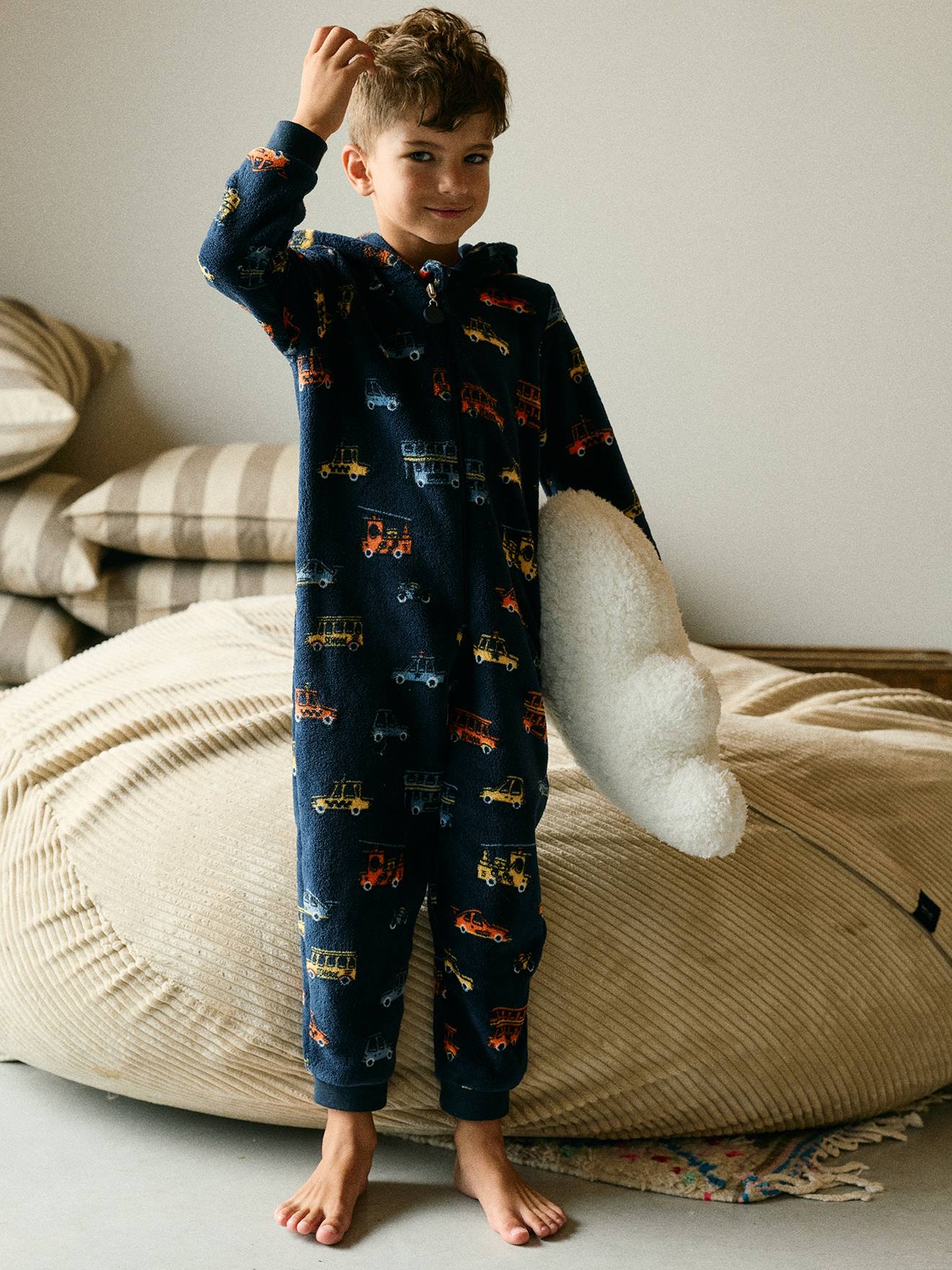 Jongenspyjama jumpsuit met capuchon marineblauw