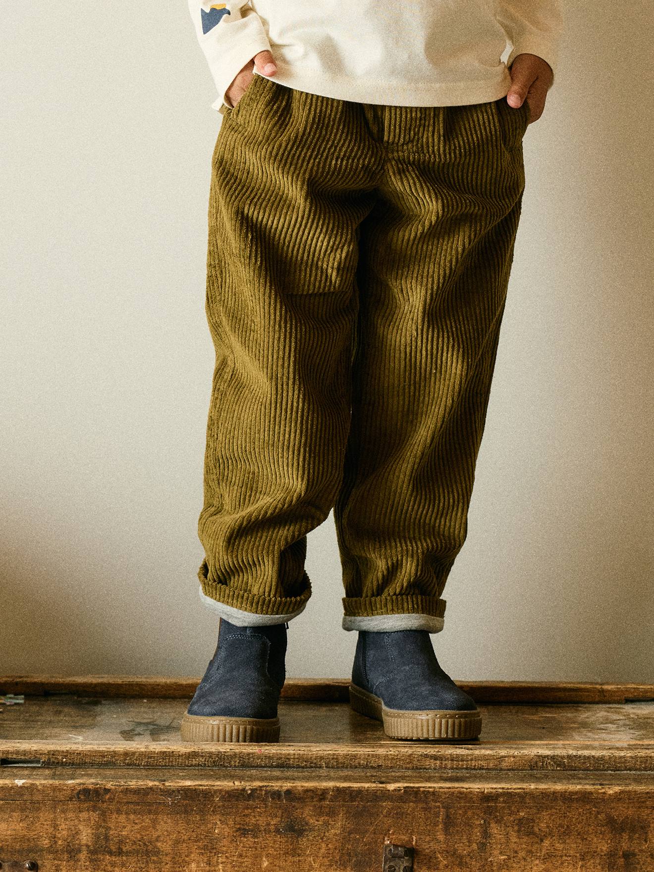 Wijde ribfluwelen broek jongen korstmos