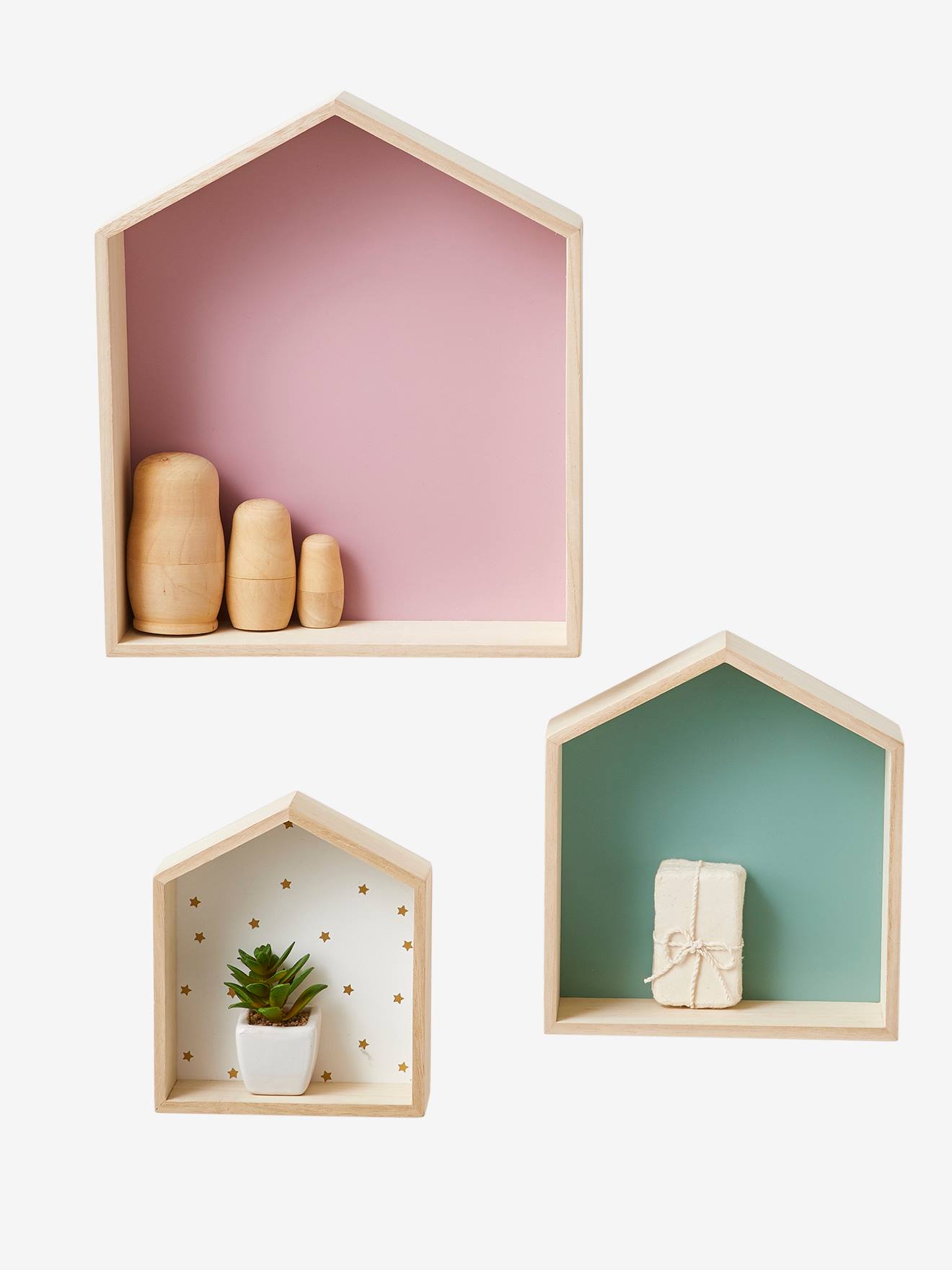 Set van 3 rekjes huizenmodel effen roze