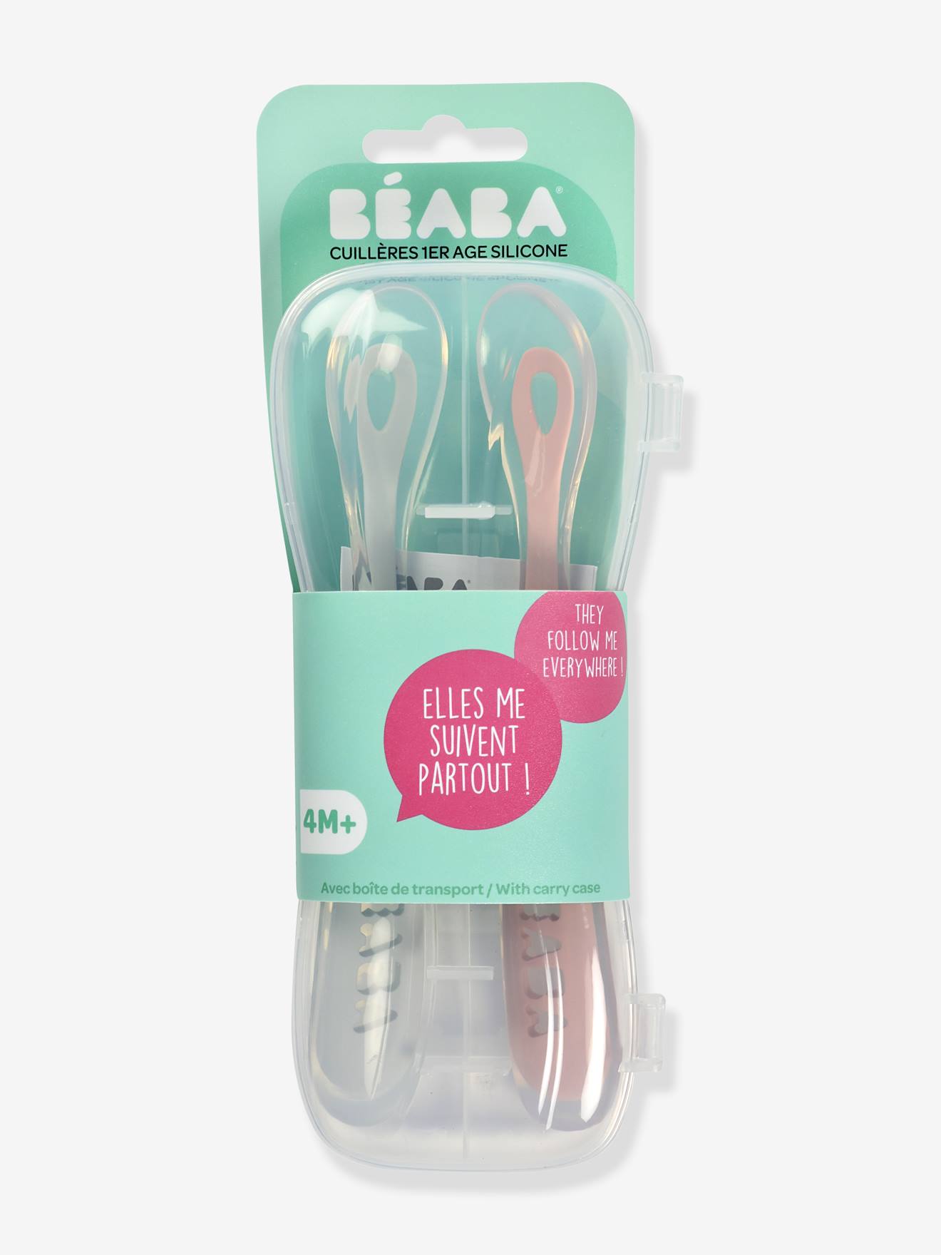 Set van 2 ergonomische lepels + BEABA-transportdoos roze/grijs