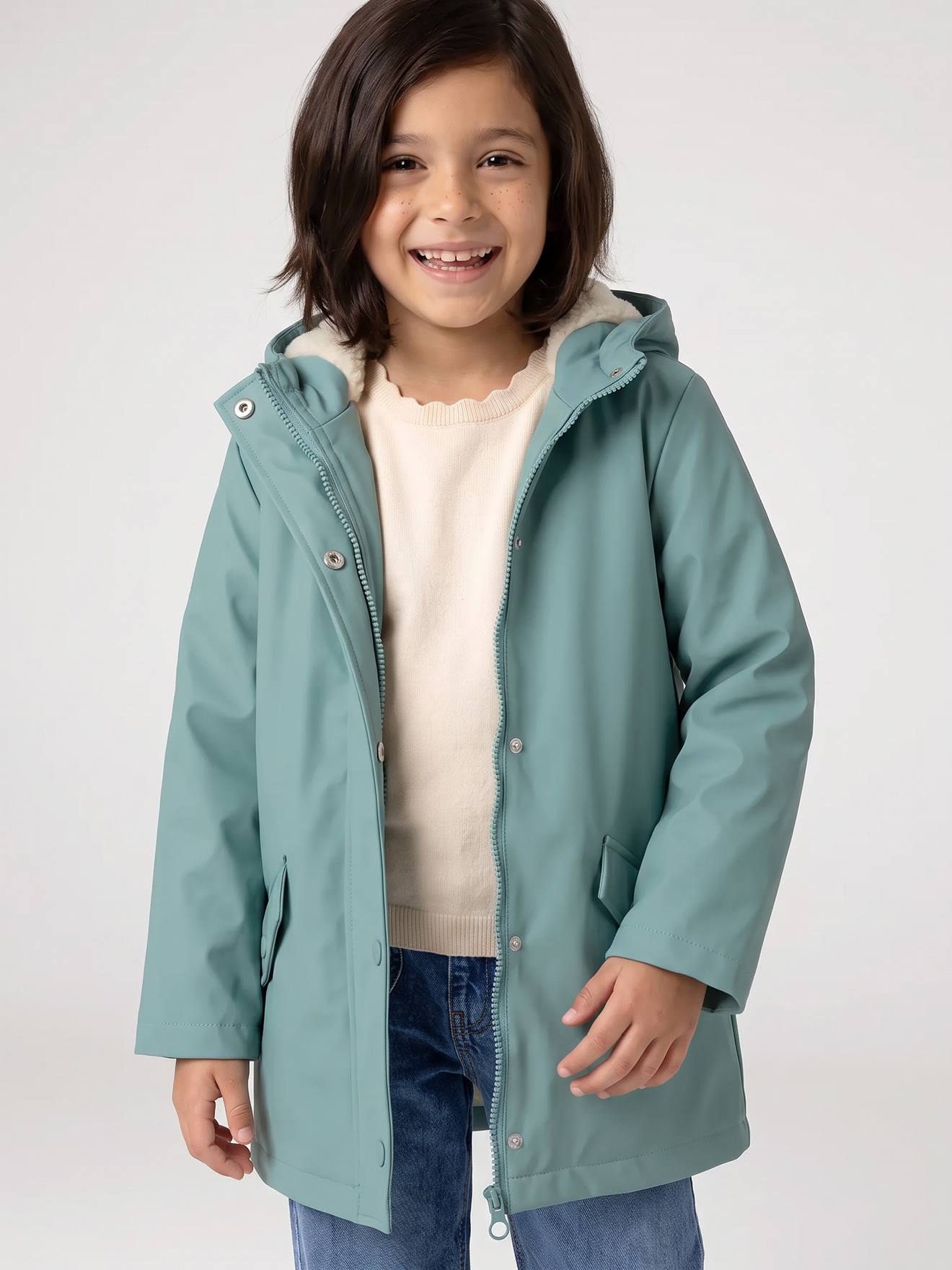 Regenjas voor meisjes met capuchon en sherpa voering groen