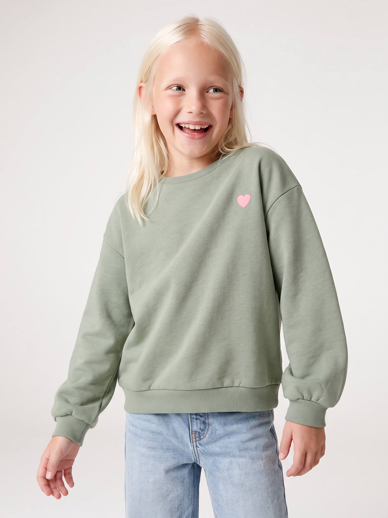 Basic meisjessweater met motief salie
