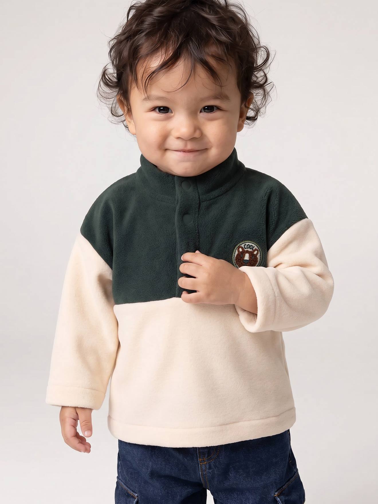 Fleece babysweater met opstaande kraag dennen