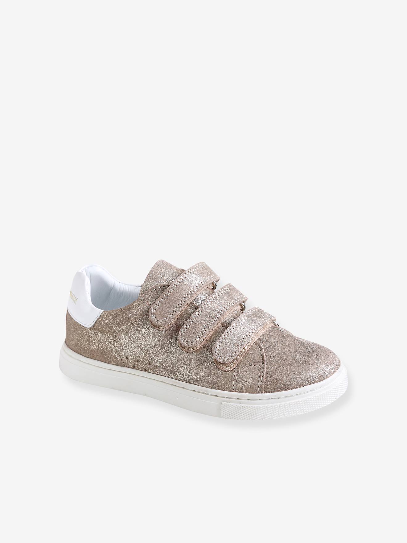 Leren sneakers met klittenband meisje - goud, Schoenen