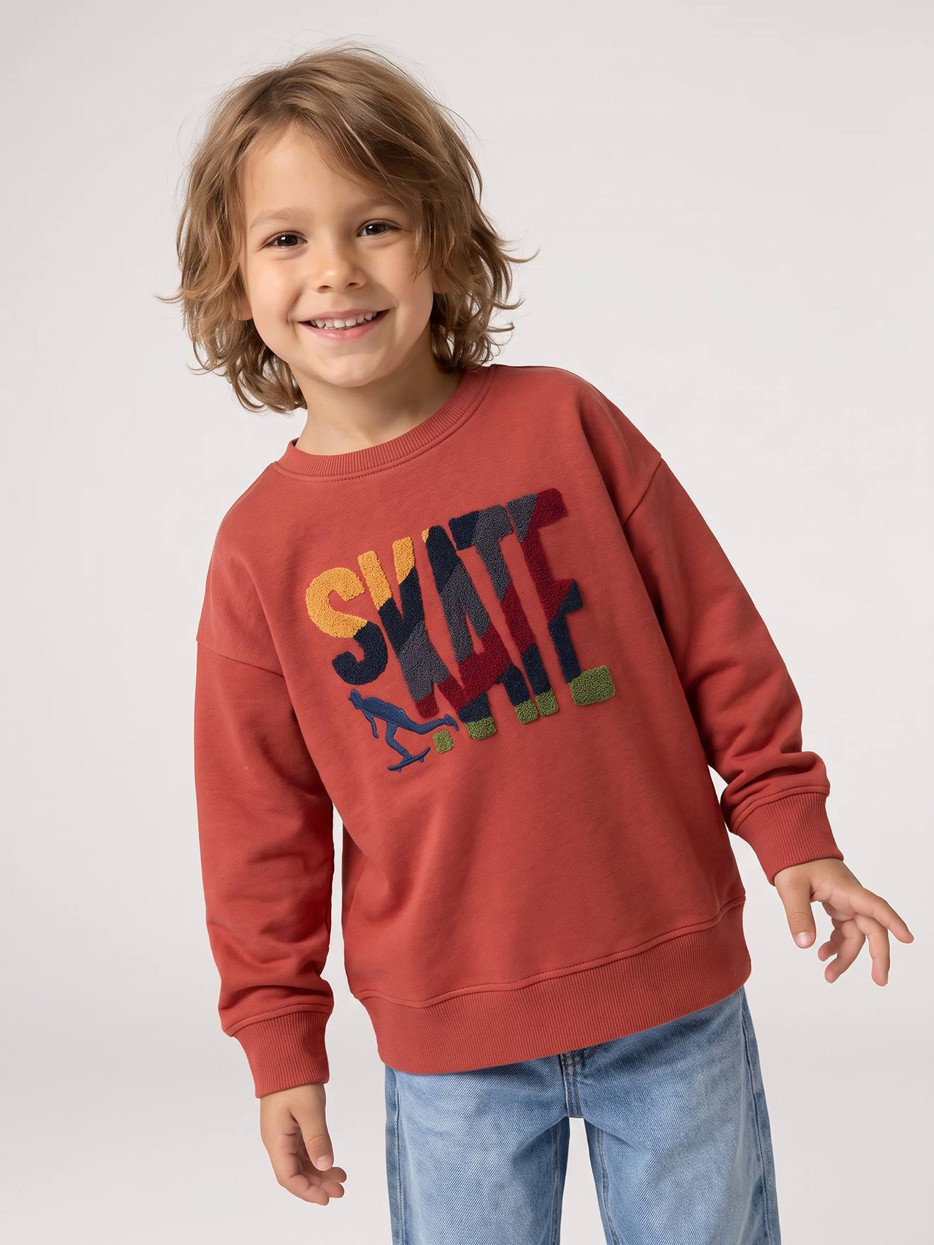 Sweatshirt met ronde hals voor jongens terracottategel