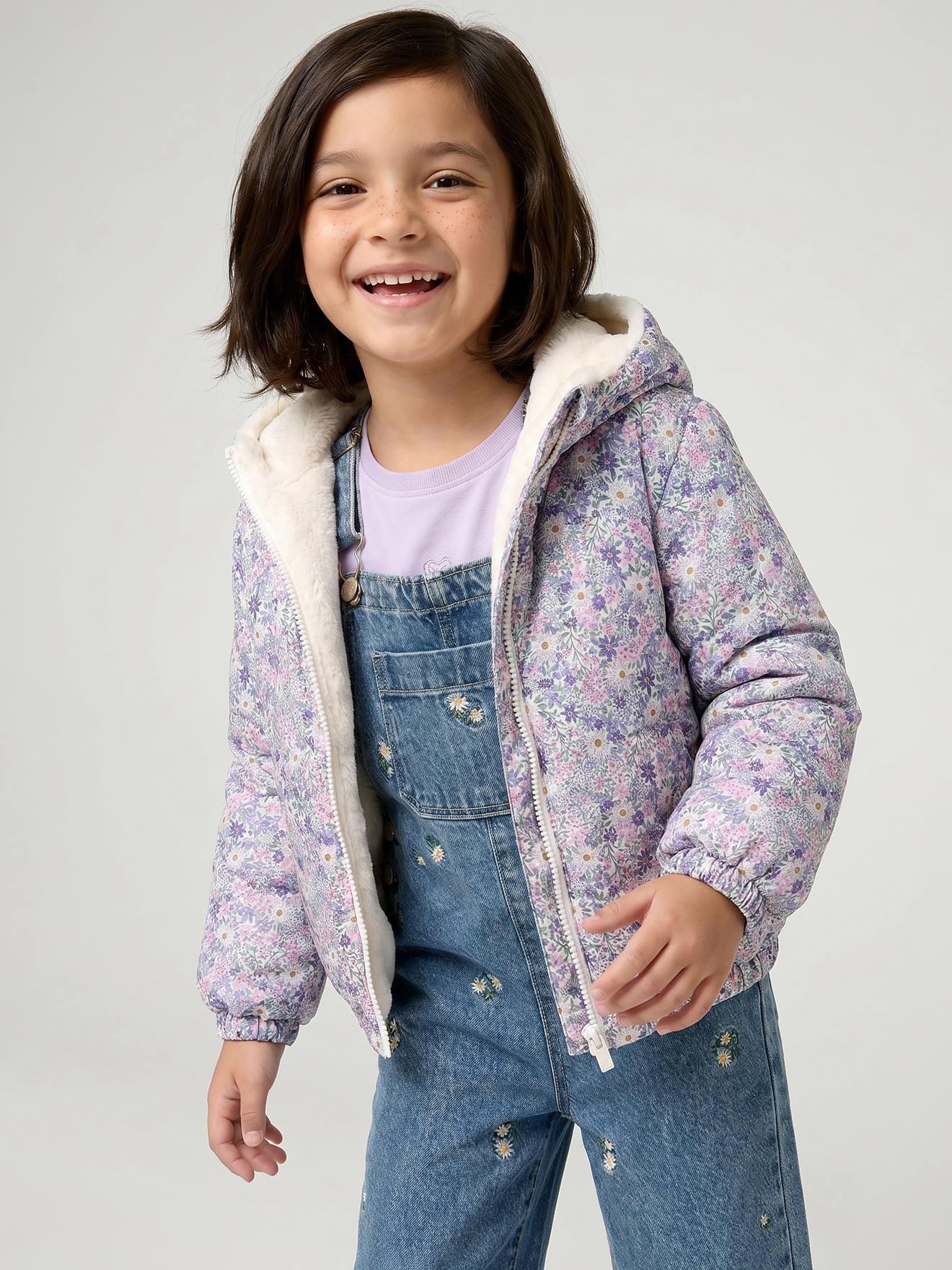 Omkeerbare windjack met capuchon voor meisjes, luipaard/sherpa vanille