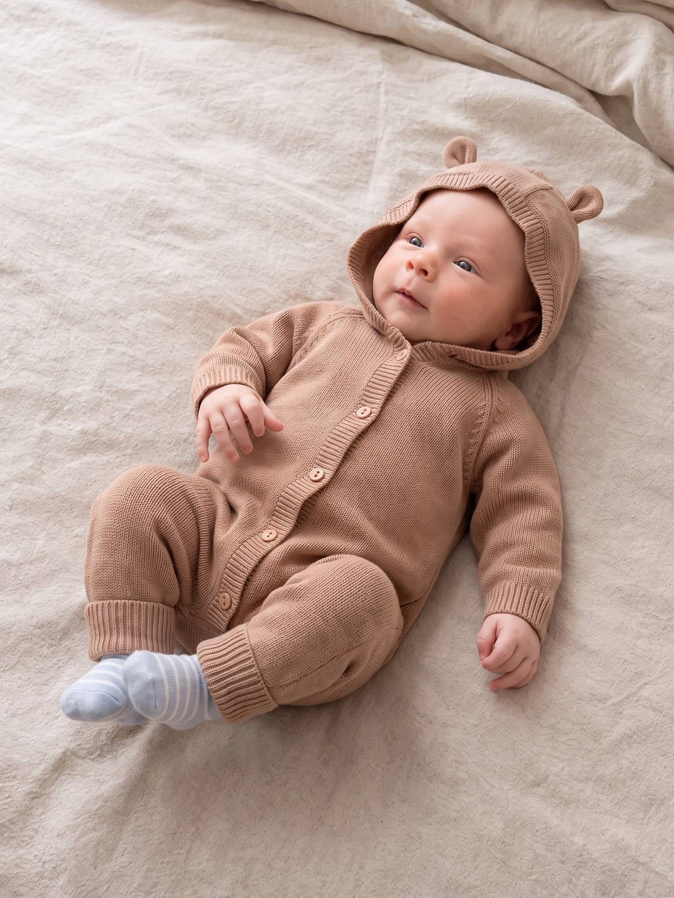 Babyjongens boxpak met capuchon en lange mouwen beige
