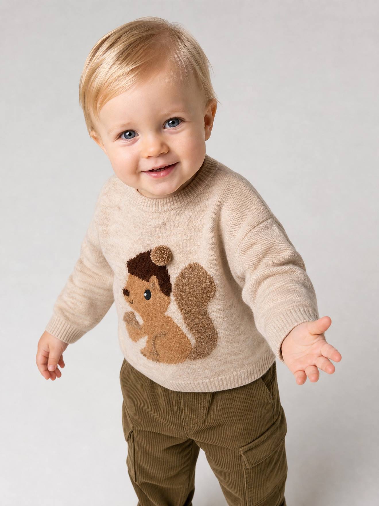 Babypullover eekhoorn lange mouwen gemêleerd beige