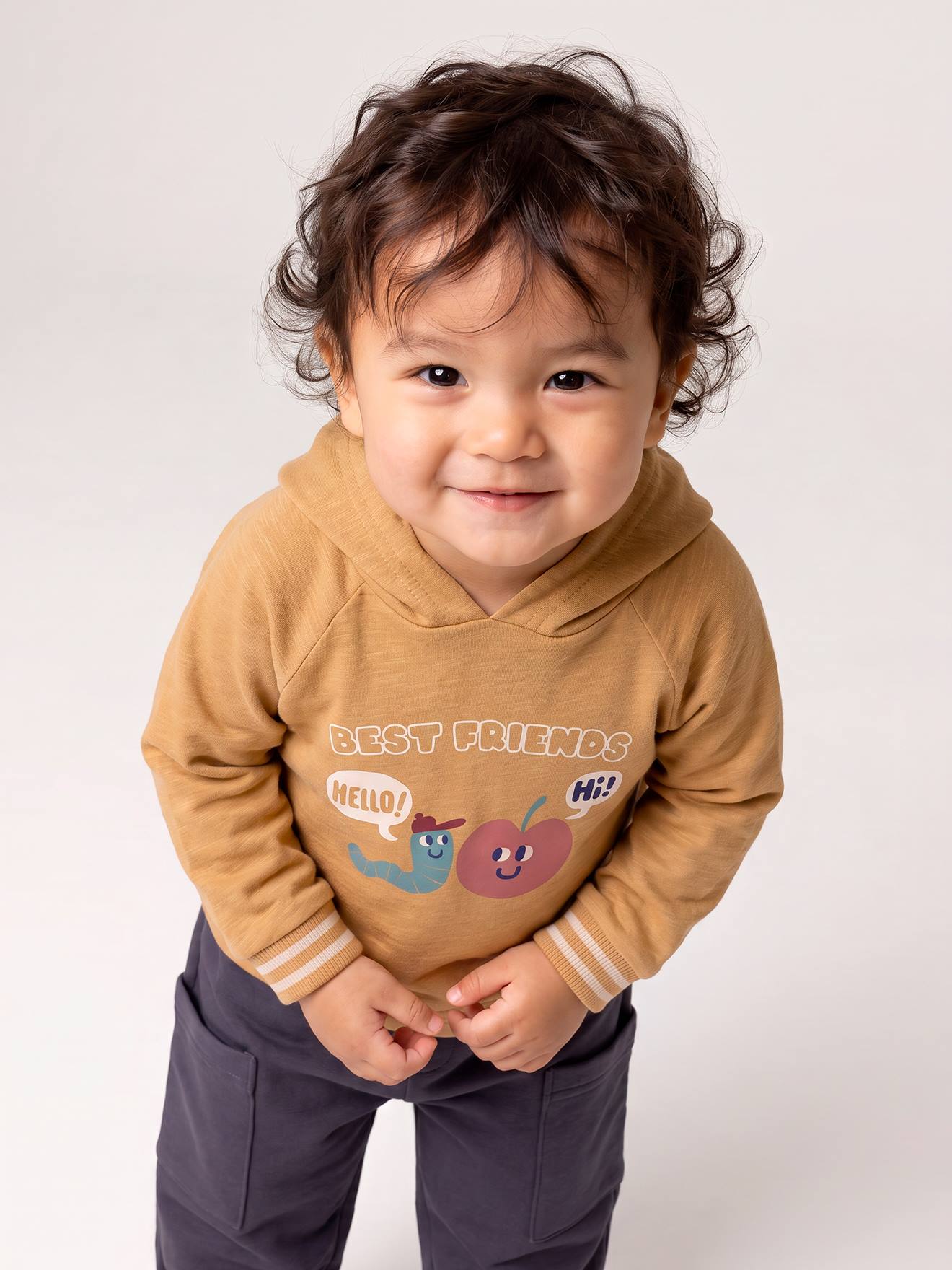 T-shirt met capuchon lange mouwen okergeel