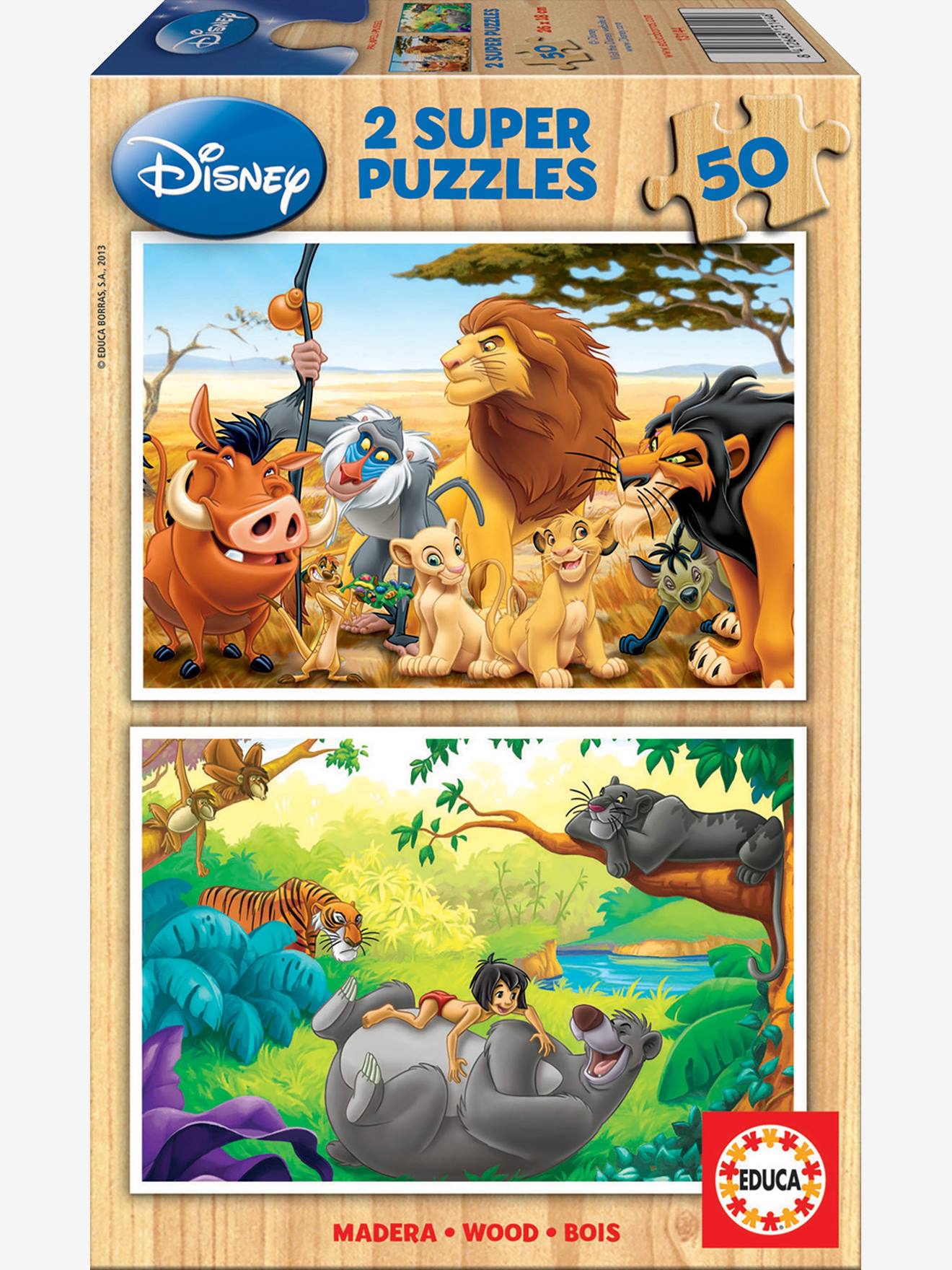 Set met 2 houten puzzels Disney® Animal Friends Leeuwenkoning + Het jungleboek EDUCA bunt