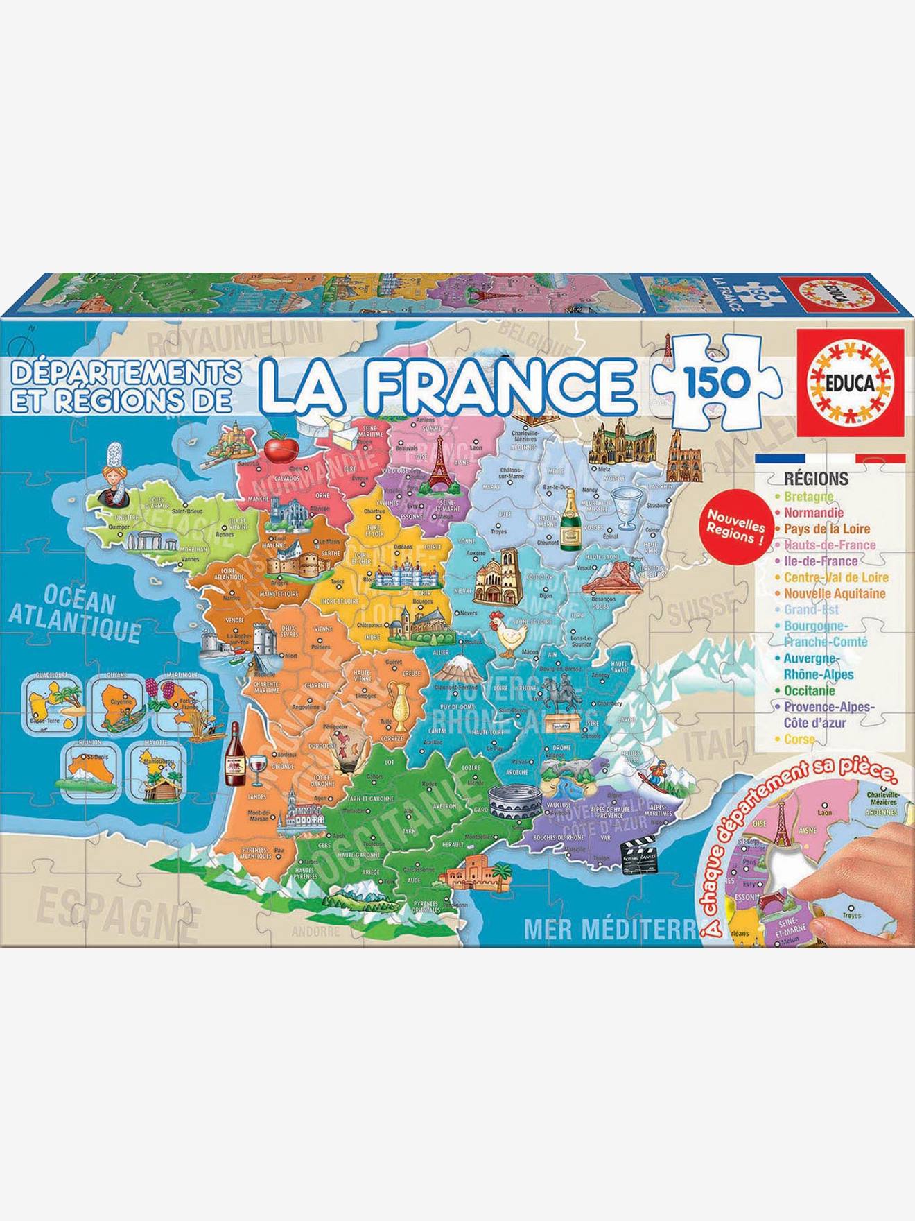 Puzzel van 150 stukjes Departementen en regio's van Frankrijk EDUCA blauw