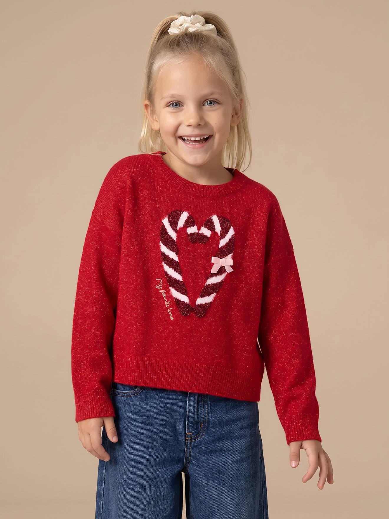 Kerstcadeauverpakking "Renne" jacquard trui + 2 scrunchies voor meisjes rood