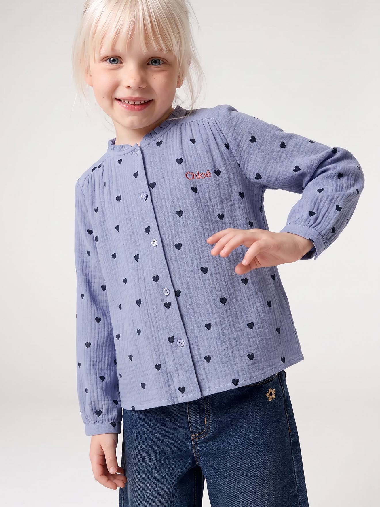Personaliseerbare meisjesblouse van katoenen gaas chambrayblauw