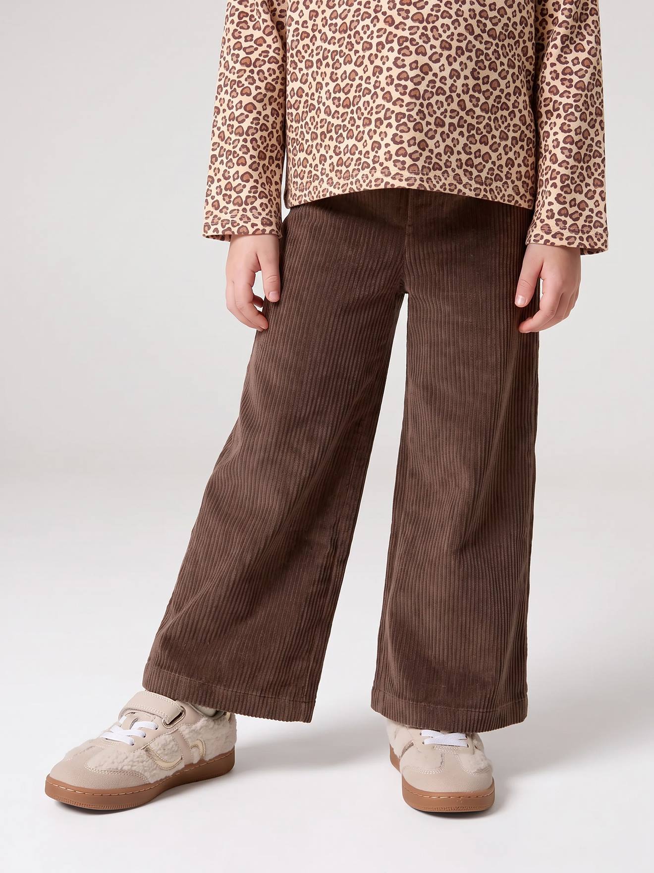 Wijde, fluwelen broek voor meisjes chocoladebruin