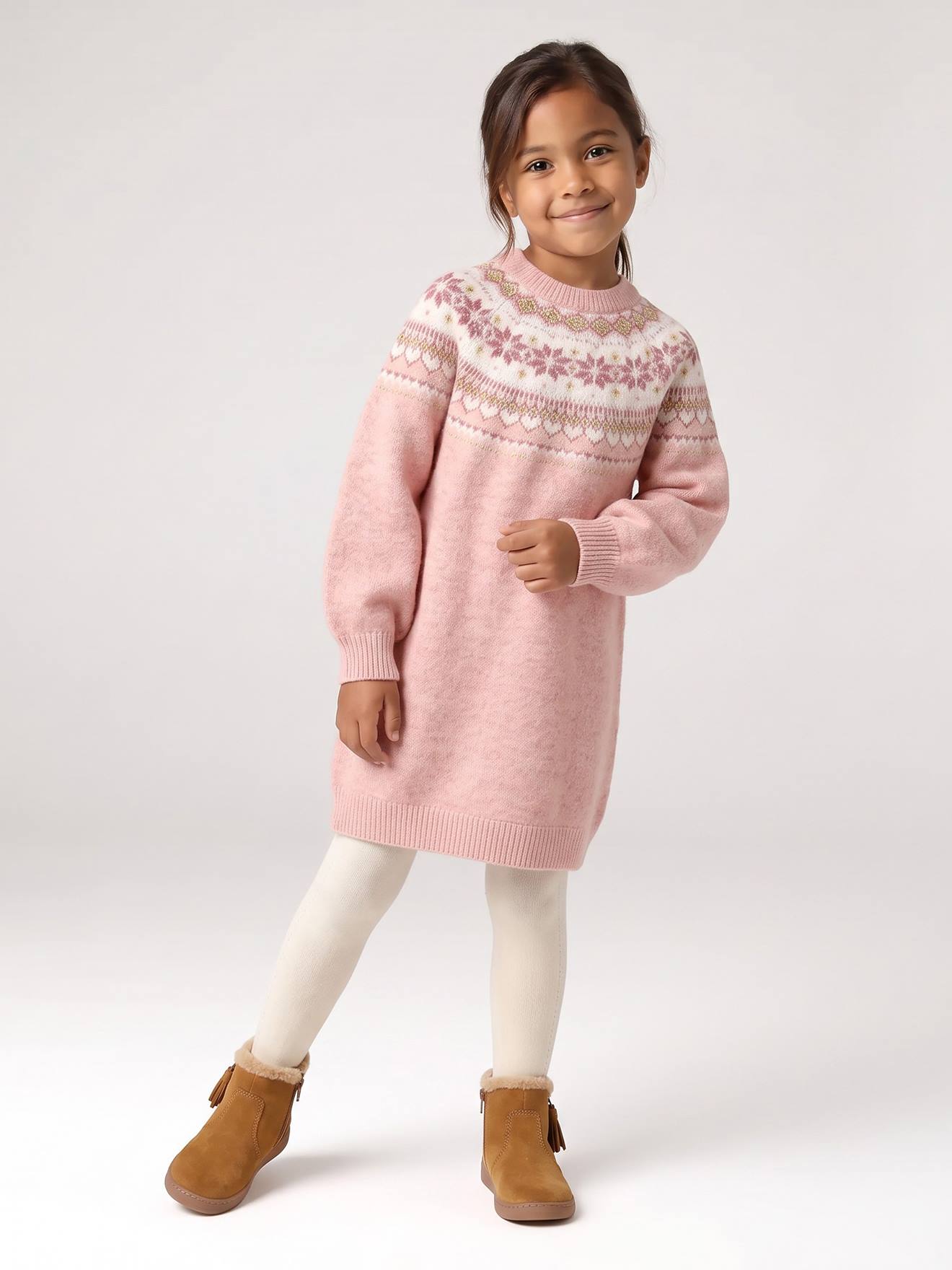 Jacquard jurk met lange mouwen roze (poederkleur)