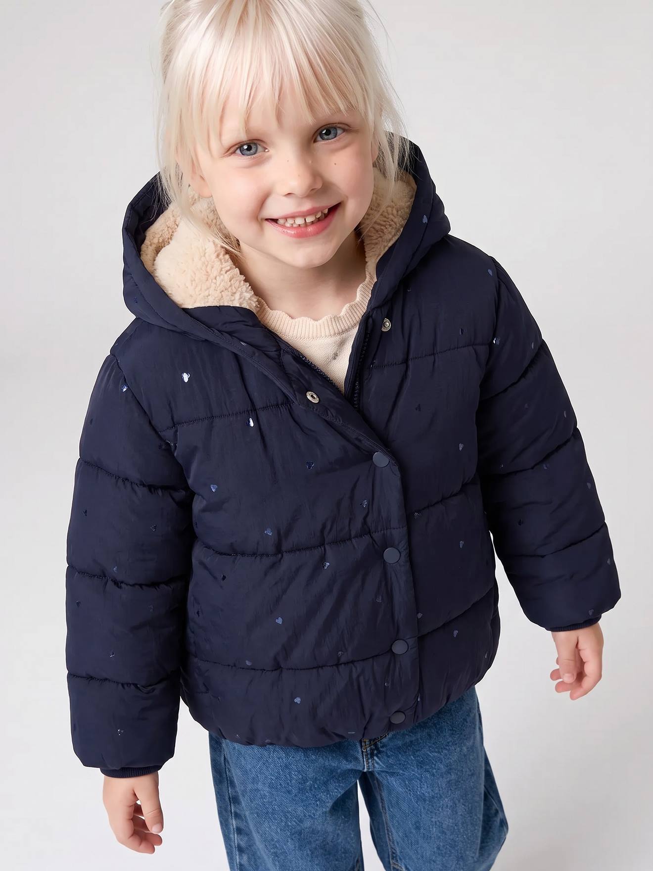 Gewatteerde jas met capuchon meisje marineblauw