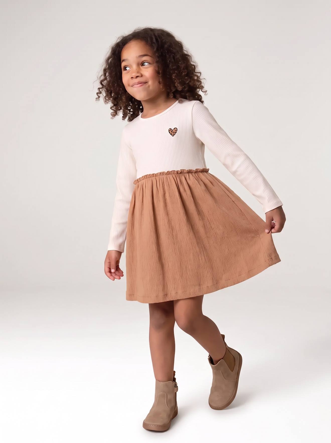 2-in-1 jurk met lange mouwen meisjes kameel