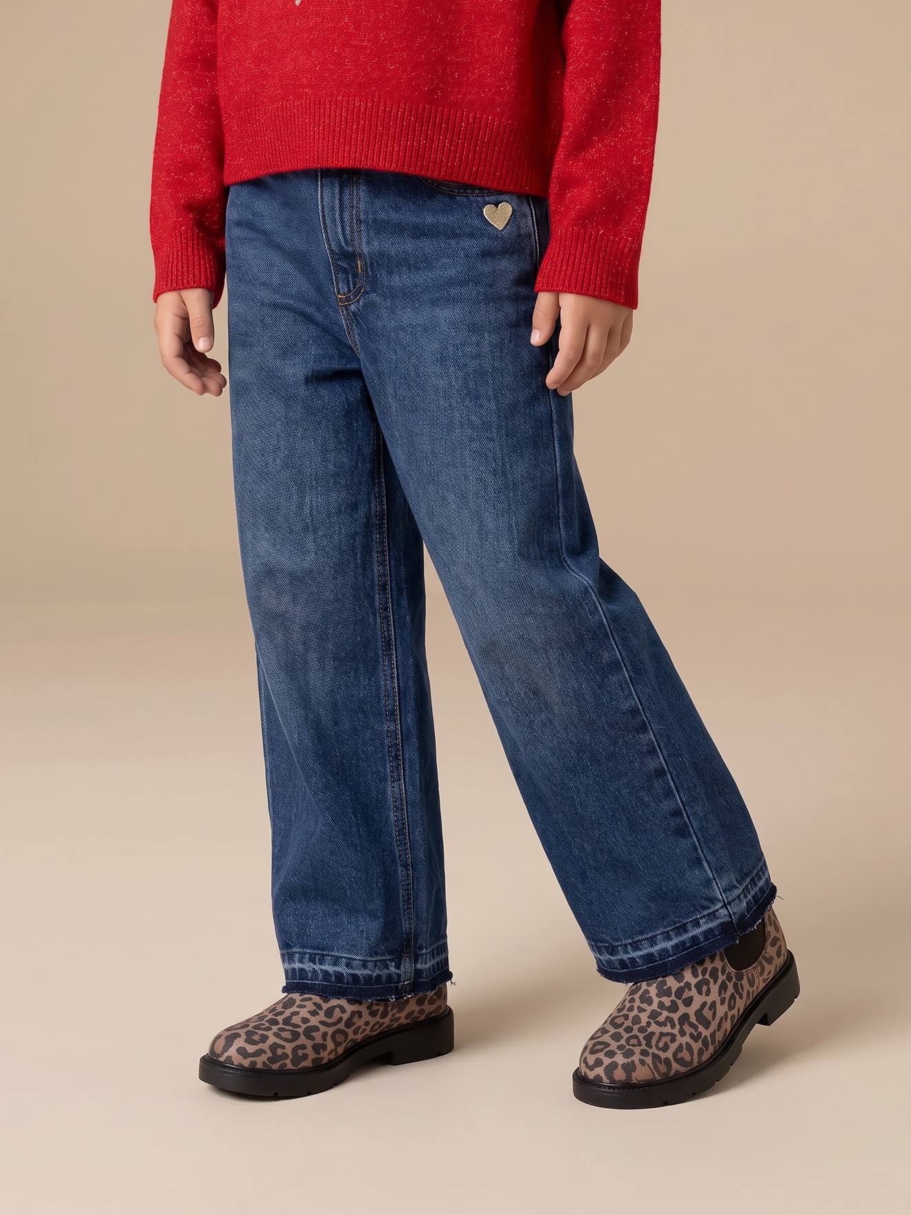 Wijde meisjesjeans met rafels aan de onderkant donkerblauw